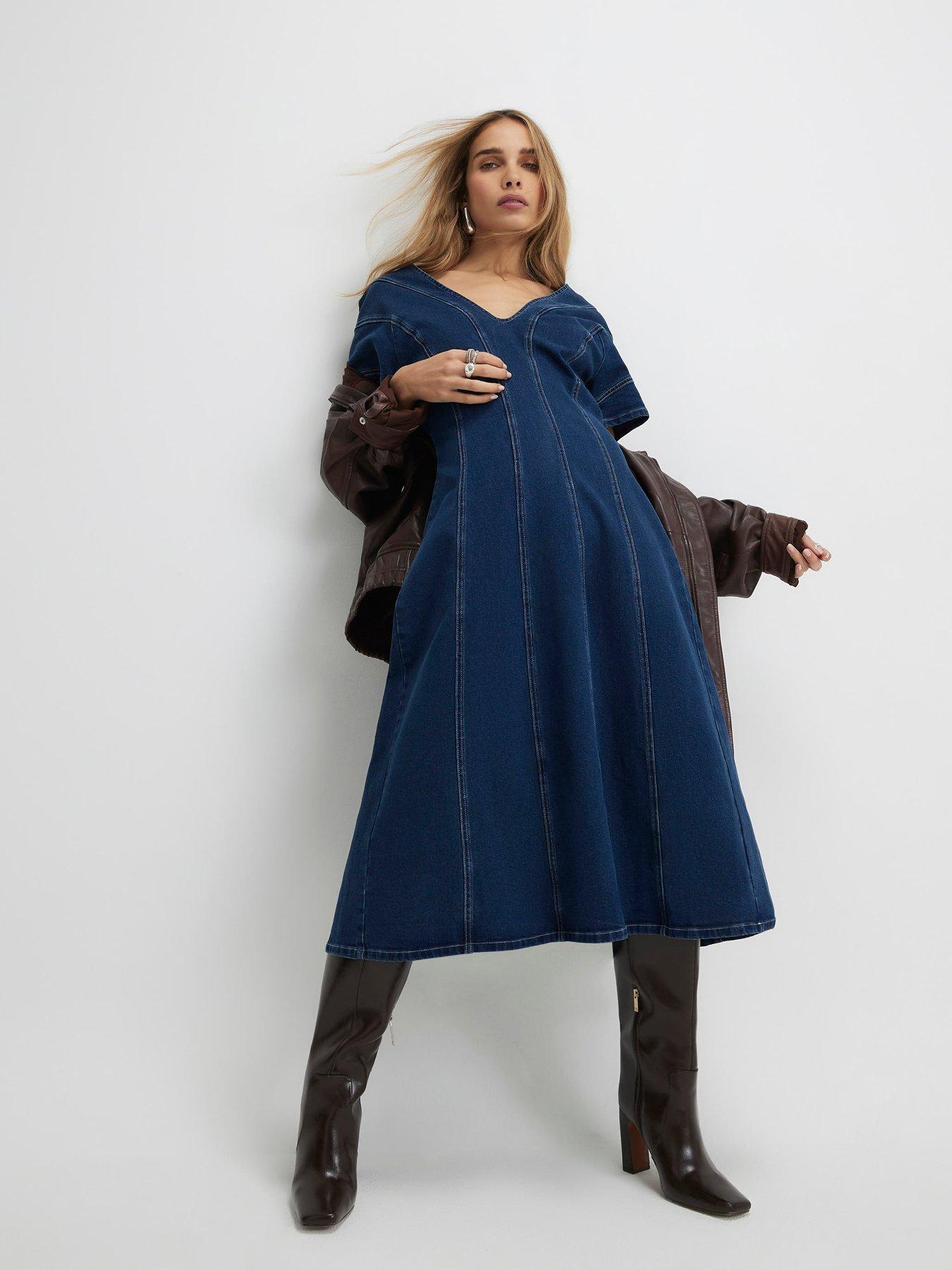 River Island: Denim Seamed Midi Dress- Blue