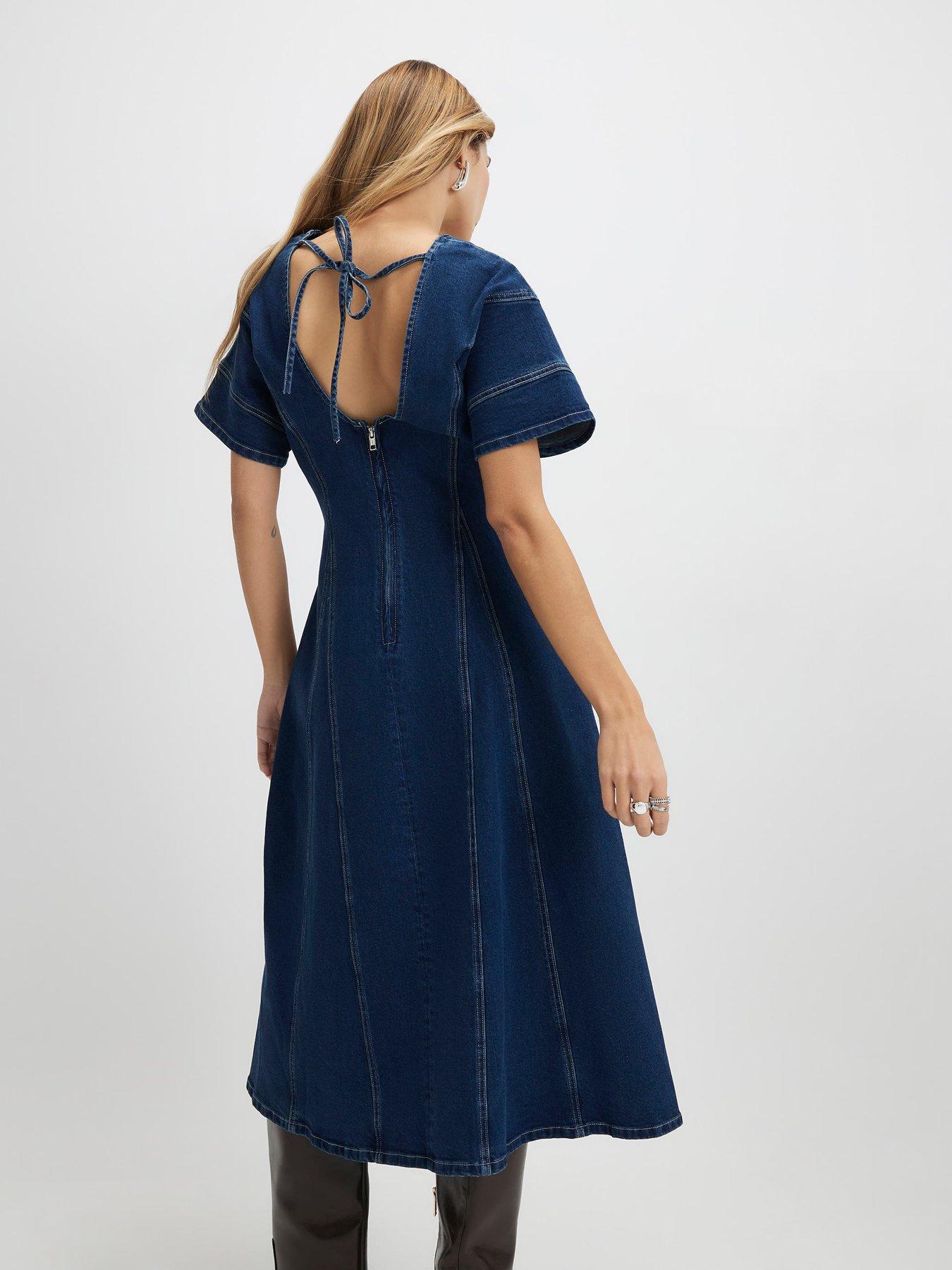 Image 2 of 4 of River Island Denim Seamed Midi Dress- Blue