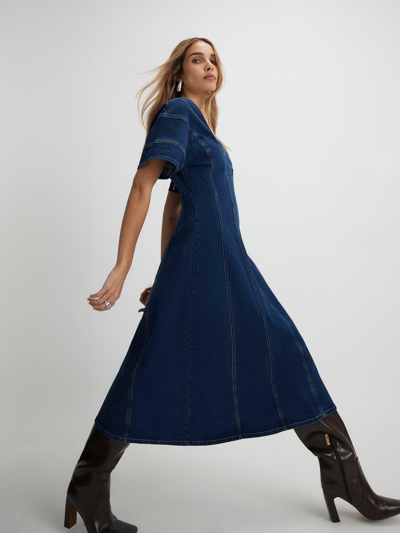 Image 3 of 4 of River Island Denim Seamed Midi Dress- Blue