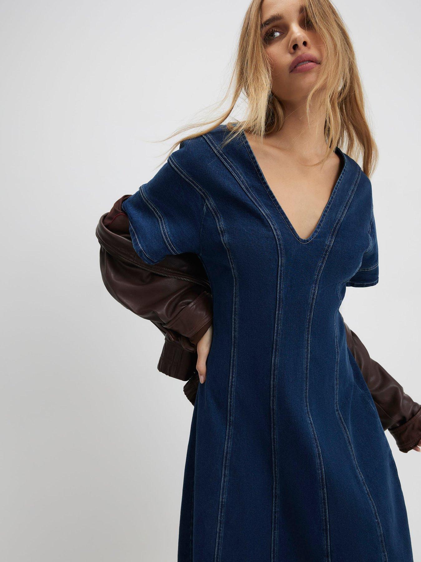 Image 4 of 4 of River Island Denim Seamed Midi Dress- Blue