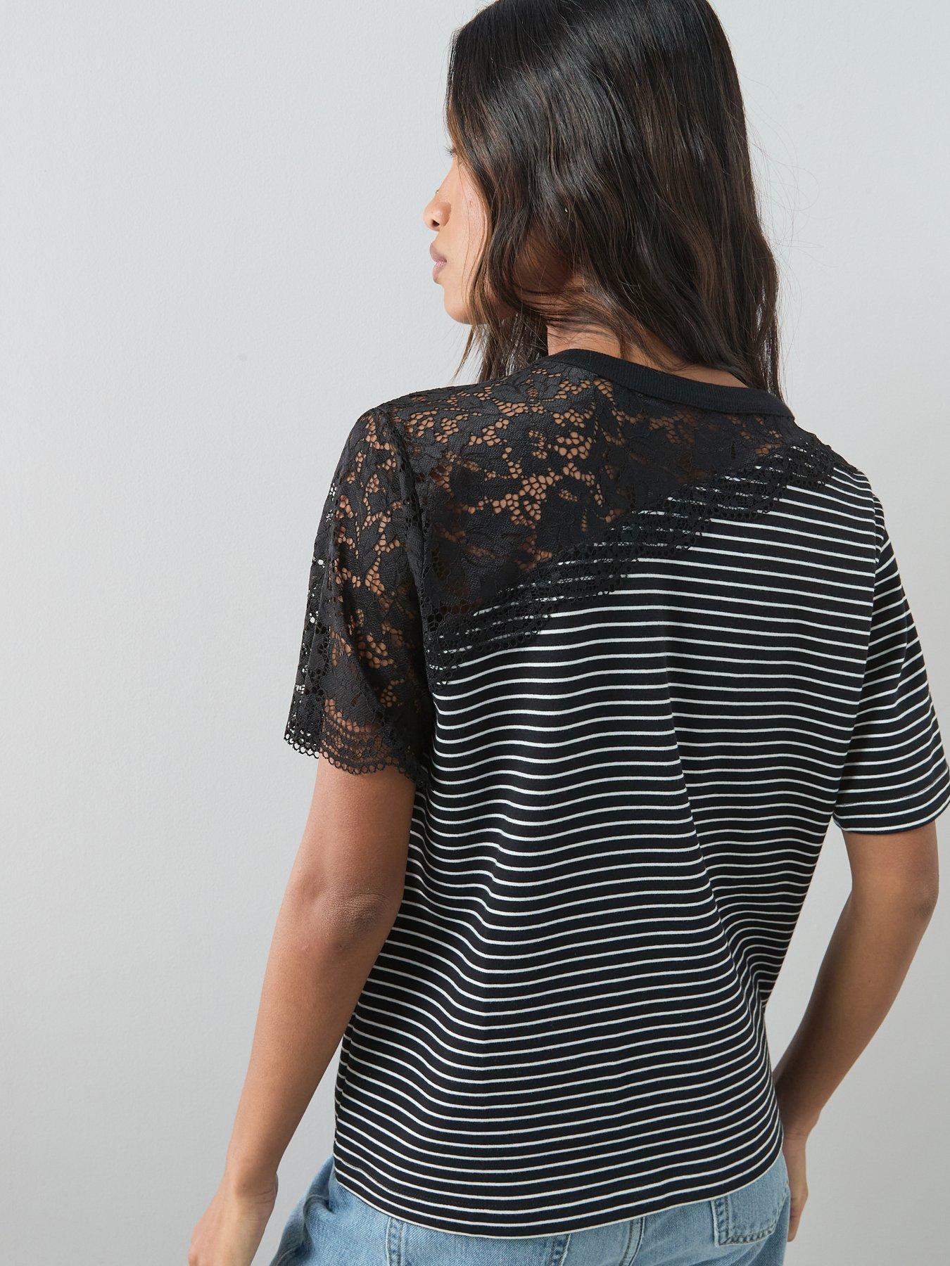 Image 2 of 6 of The Very Collection Lace Detail Stripe T-Shirt - Multi
