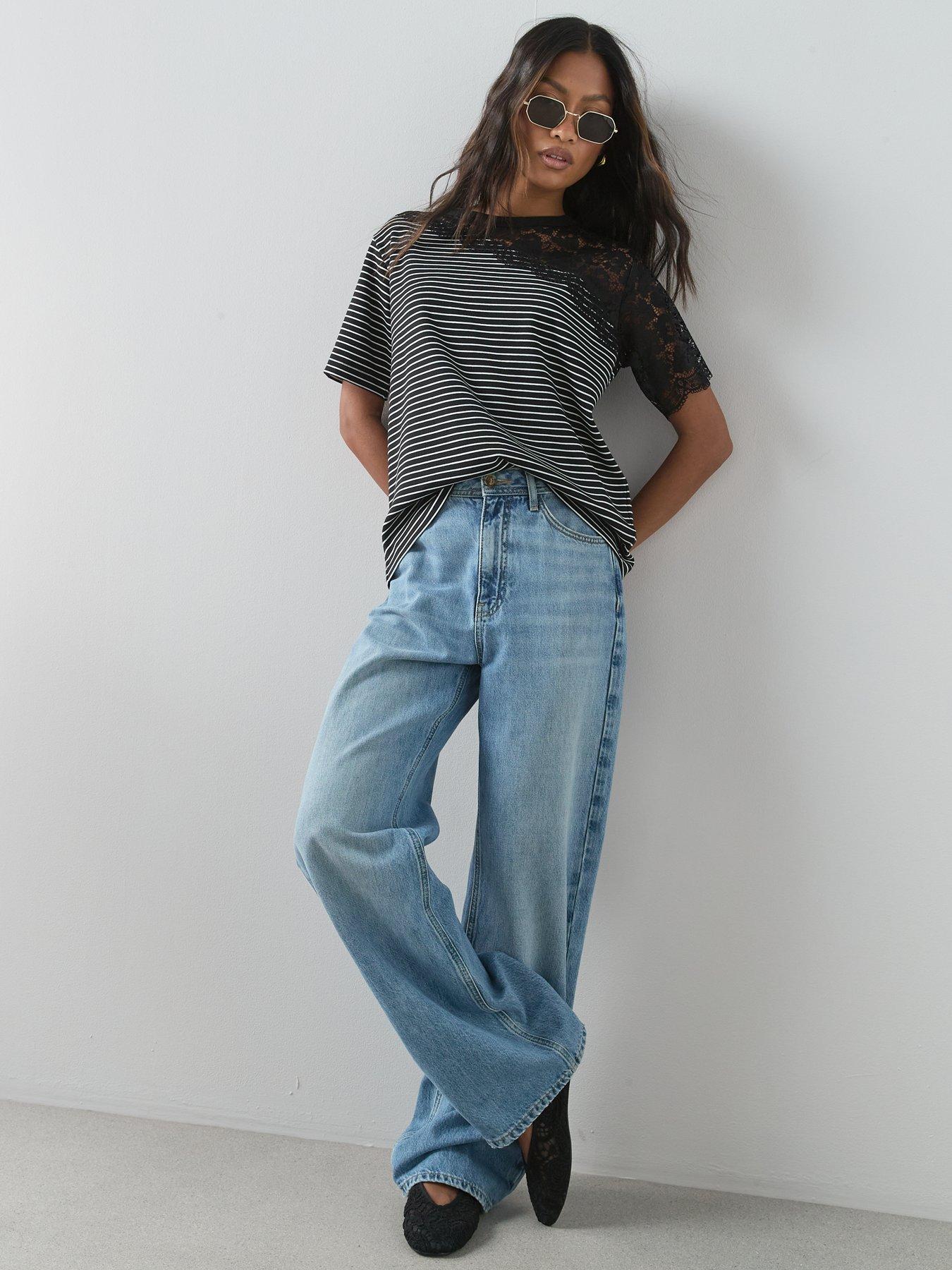 Image 3 of 6 of The Very Collection Lace Detail Stripe T-Shirt - Multi