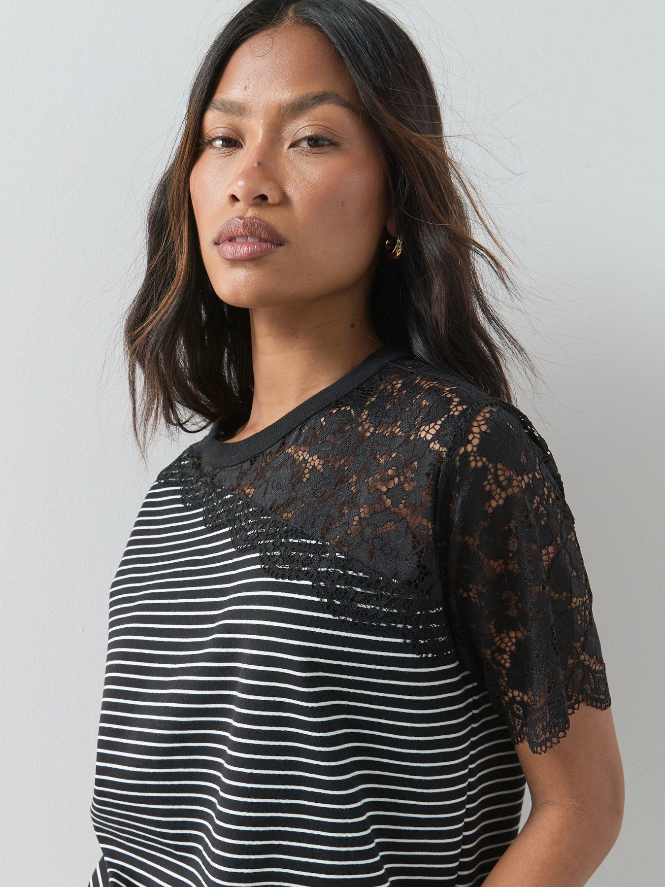 Image 4 of 6 of The Very Collection Lace Detail Stripe T-Shirt - Multi