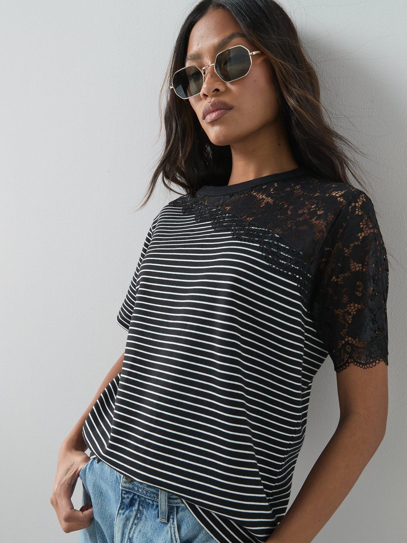 Image 5 of 6 of The Very Collection Lace Detail Stripe T-Shirt - Multi