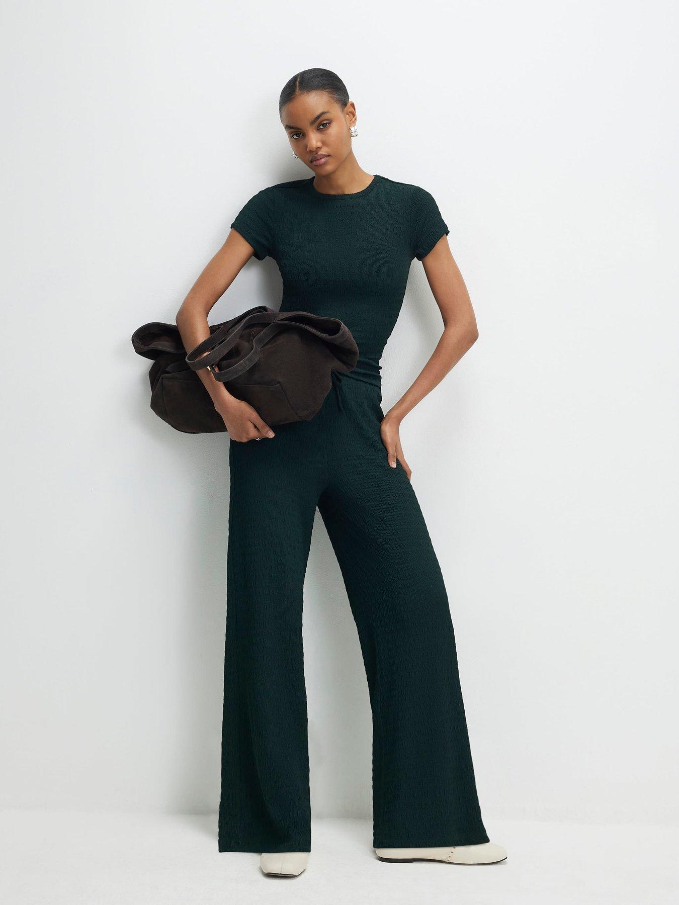 Image 1 of 4 of River Island Texture Wide Leg Trouser - Green