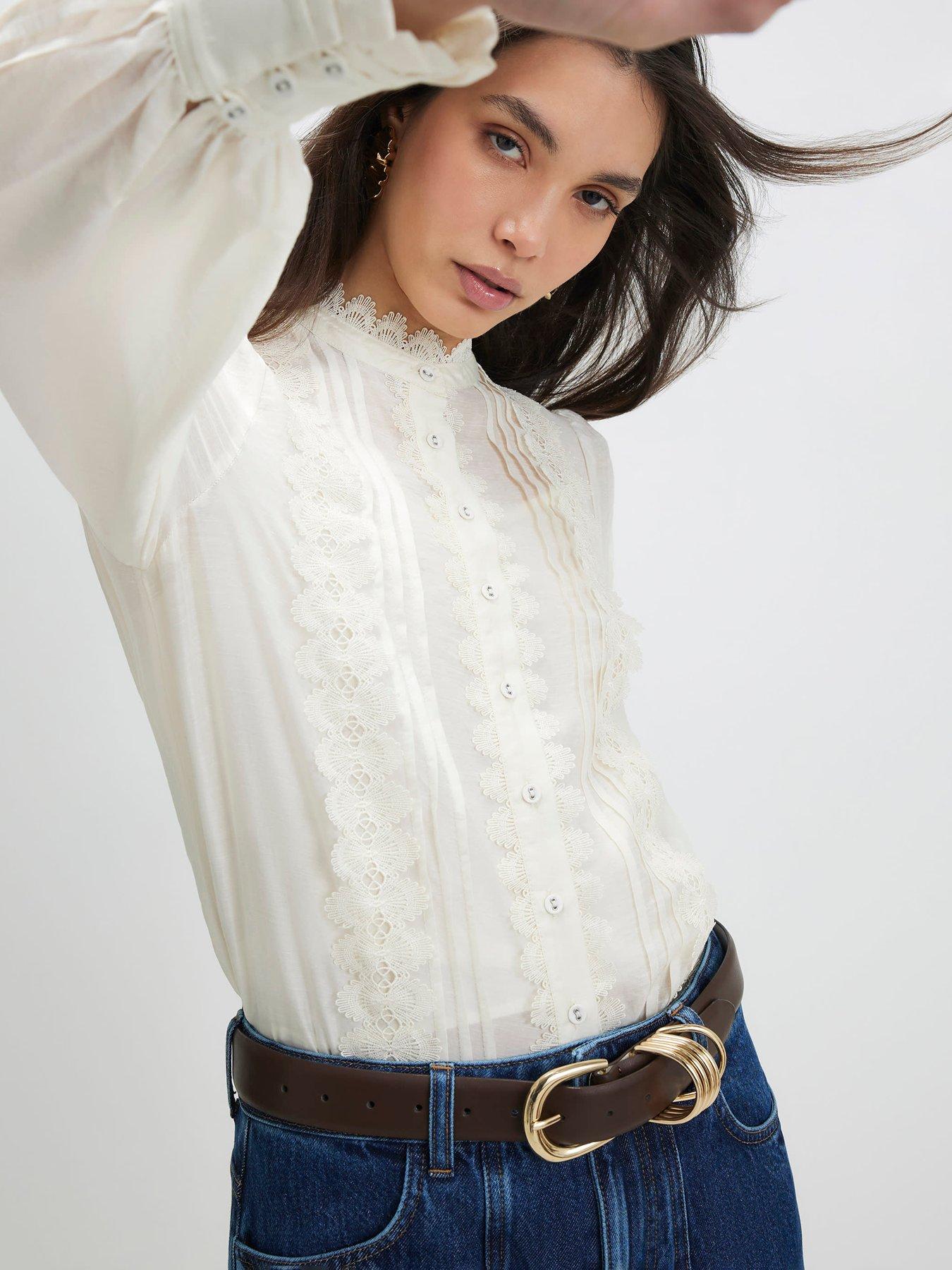 Image 4 of 4 of River Island Long Sleeve Broderie Shirt - White