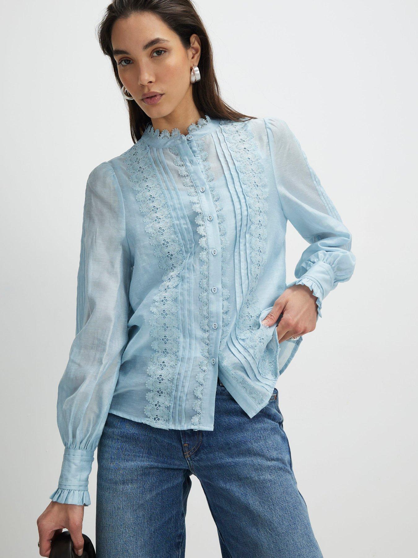 River Island: Long Sleeve Broderie Shirt - Blue