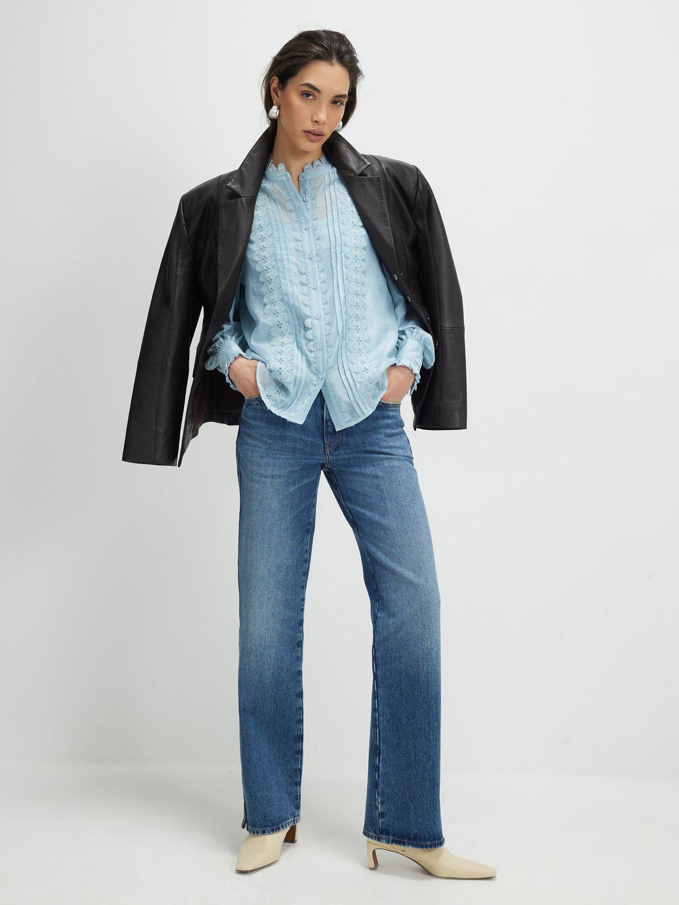 Image 3 of 4 of River Island Long Sleeve Broderie Shirt - Blue