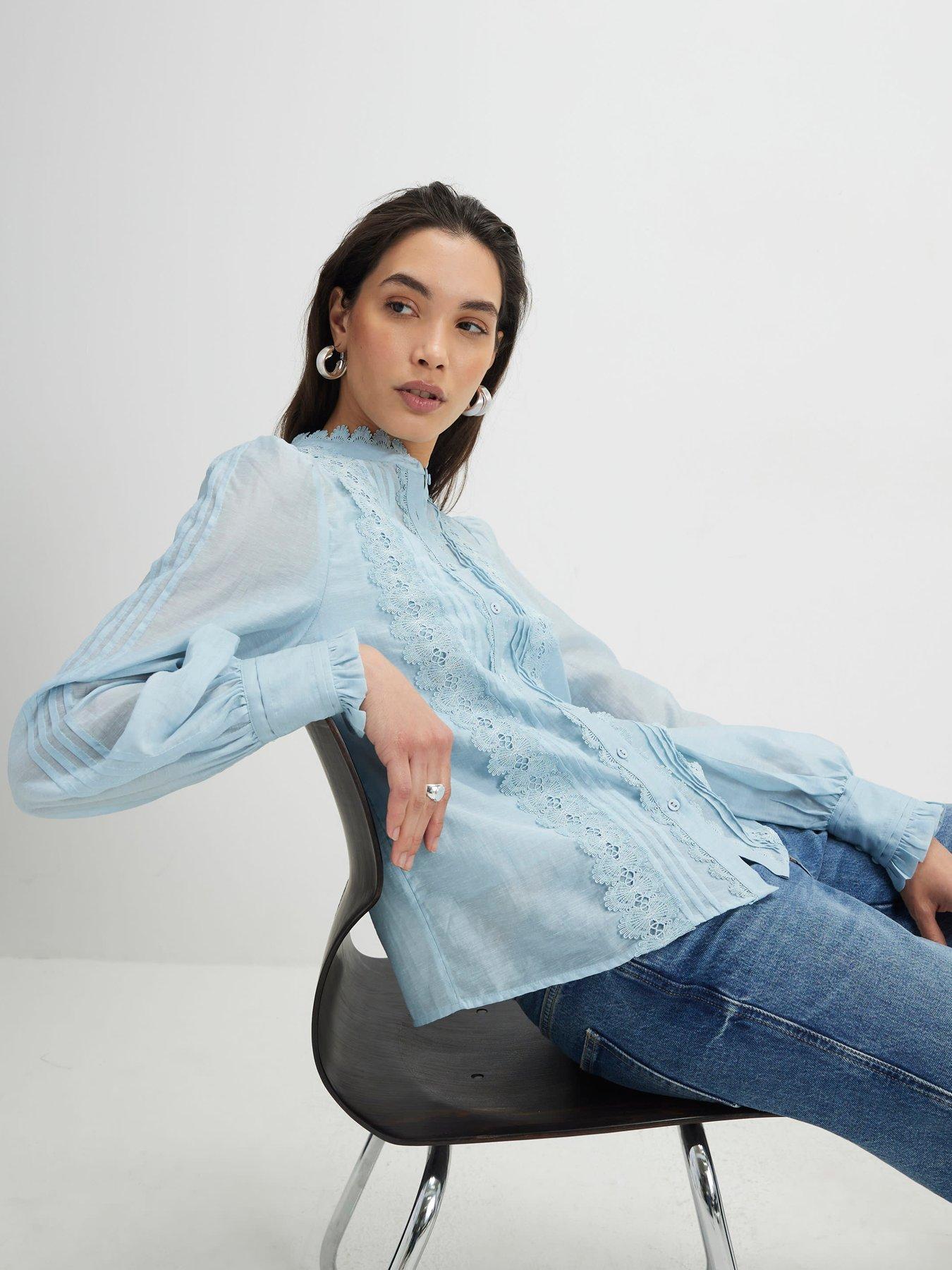 Image 4 of 4 of River Island Long Sleeve Broderie Shirt - Blue