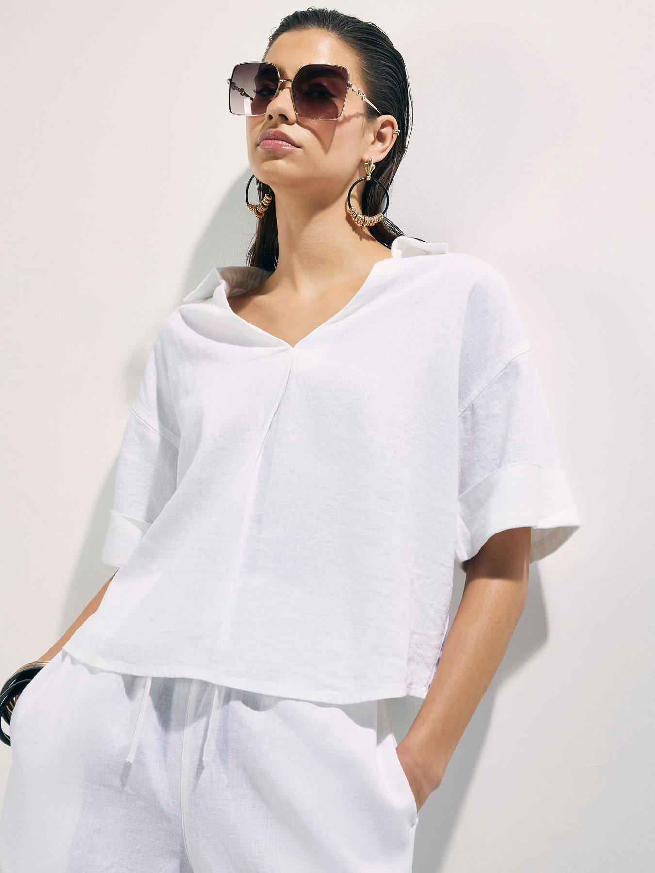 Image 1 of 4 of River Island Epp Linen Short Sleeve Shirt - White