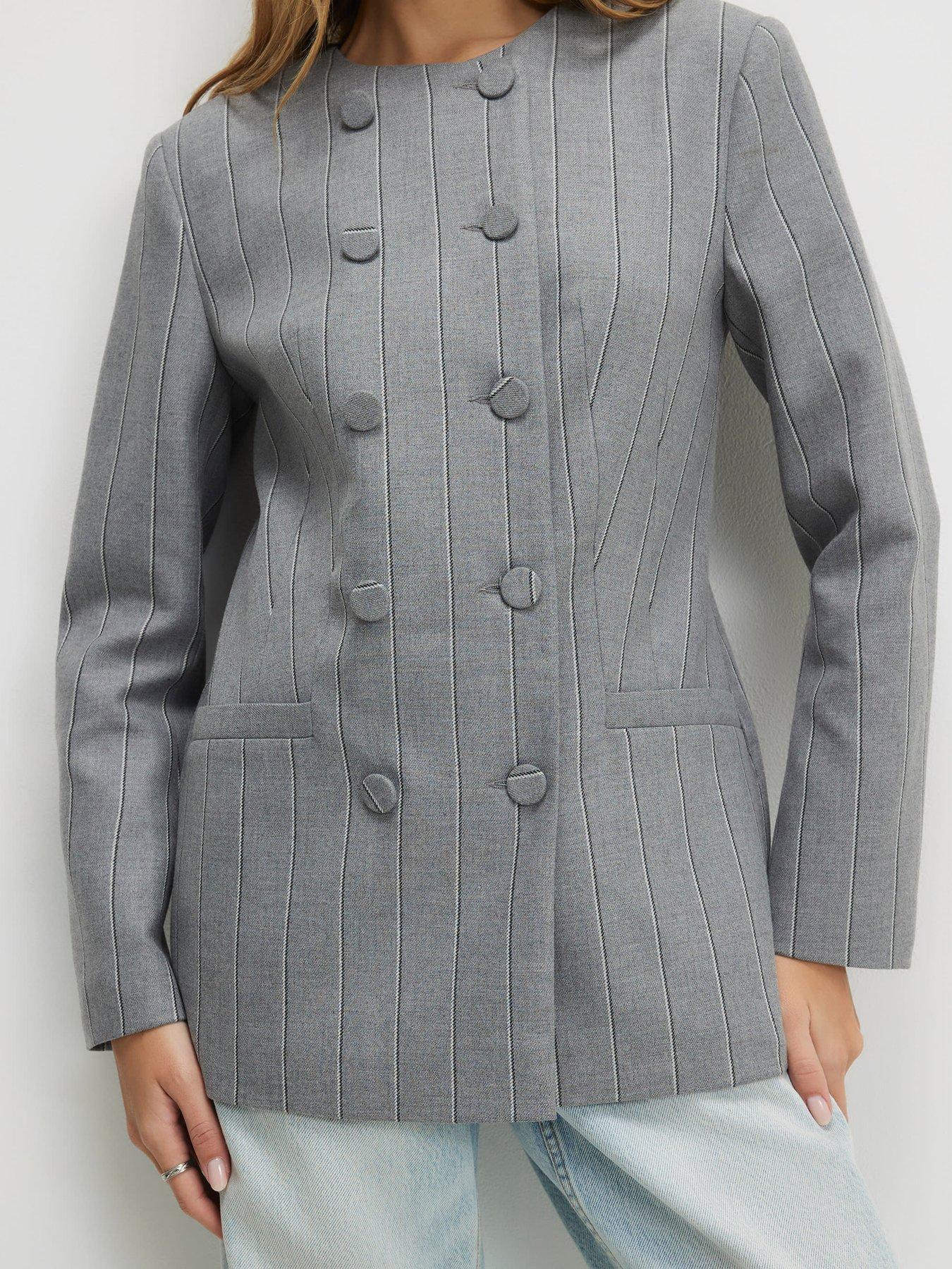 Image 4 of 4 of River Island Long Sleeve Stripe Db Cape Blazer - Grey