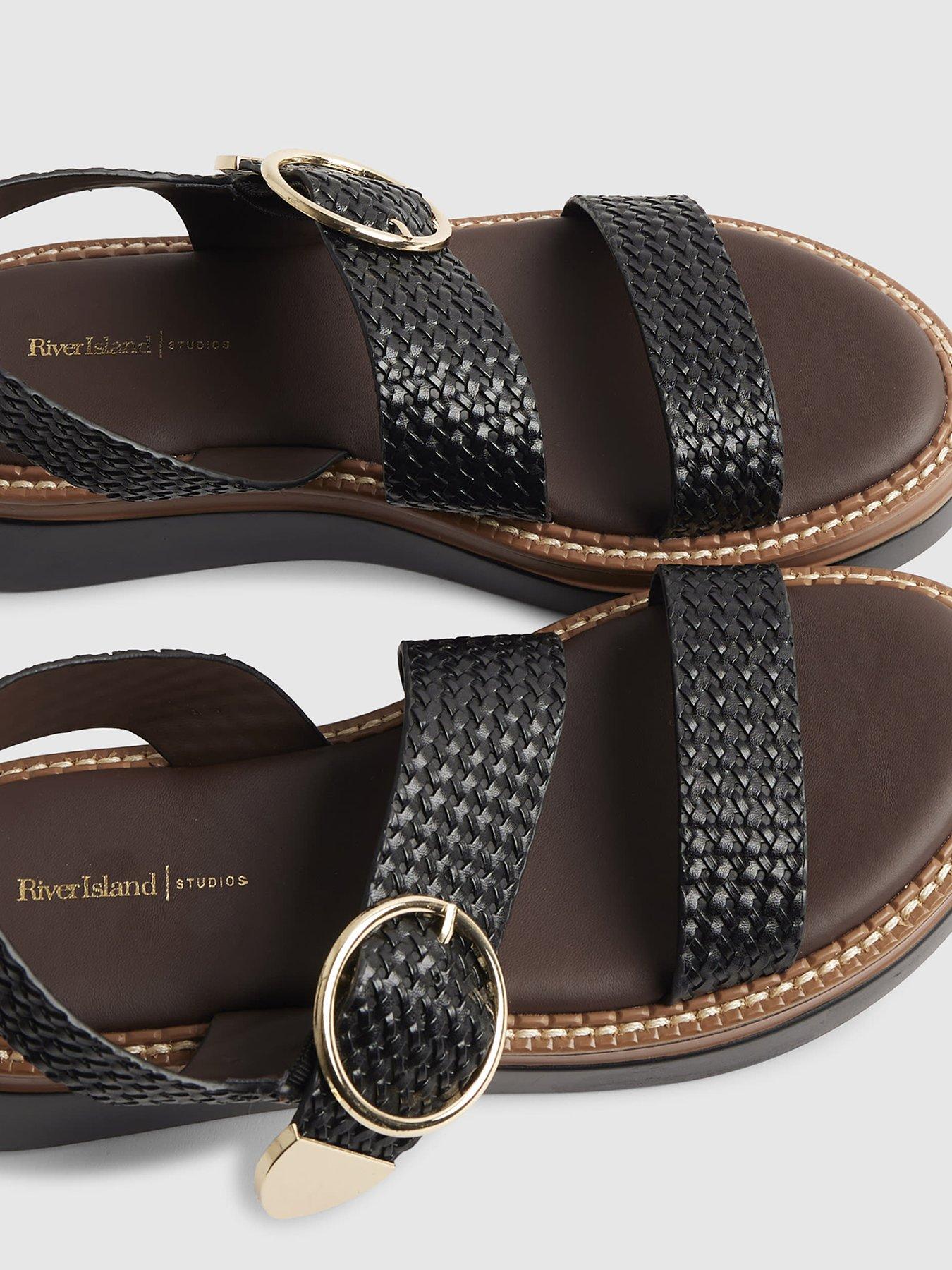 Image 5 of 6 of River Island Wide 2 Part Ring Buckle Flatform Sandals - Black