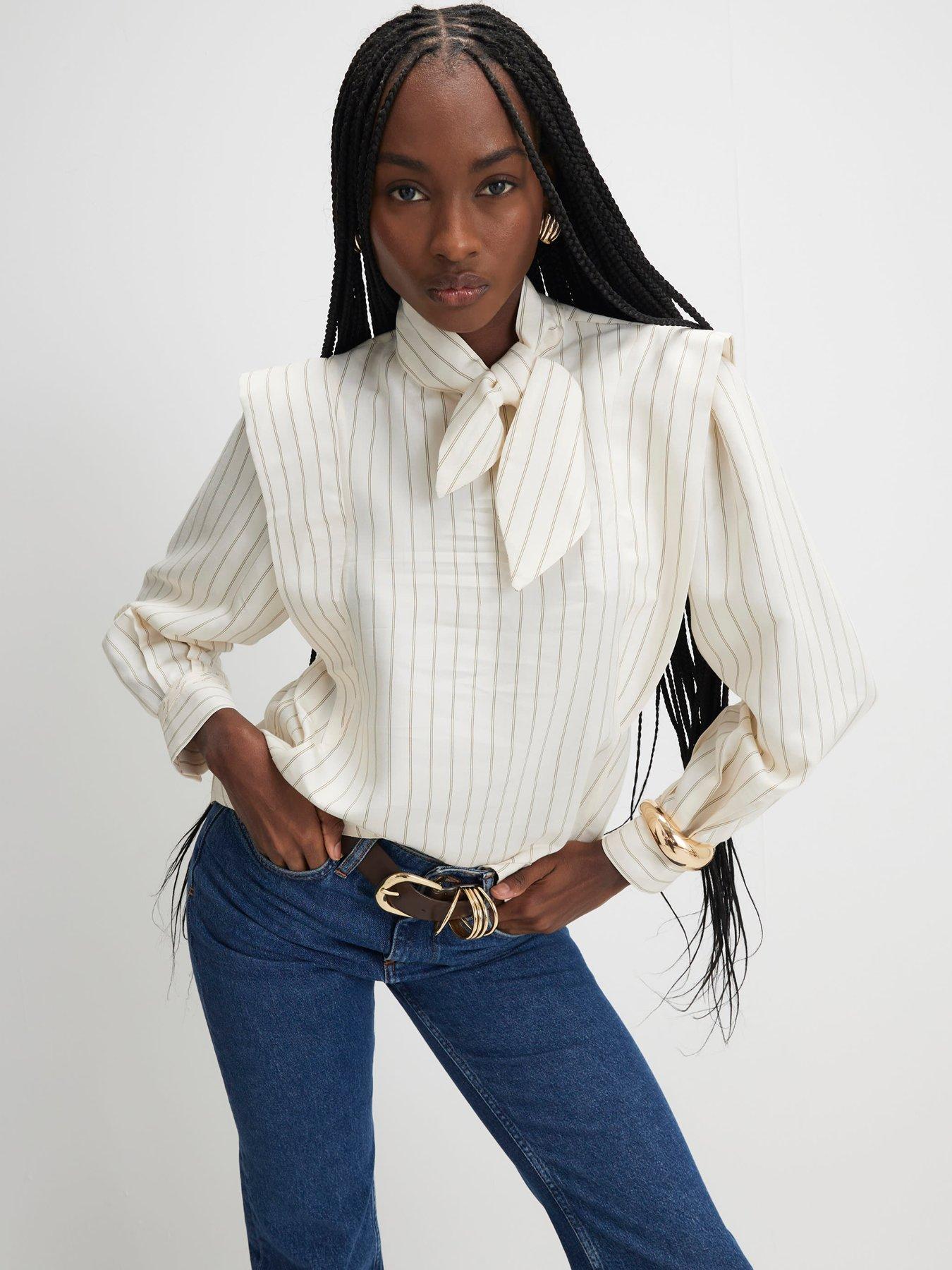 River Island Striped Tie Neck Blouse - Cream
