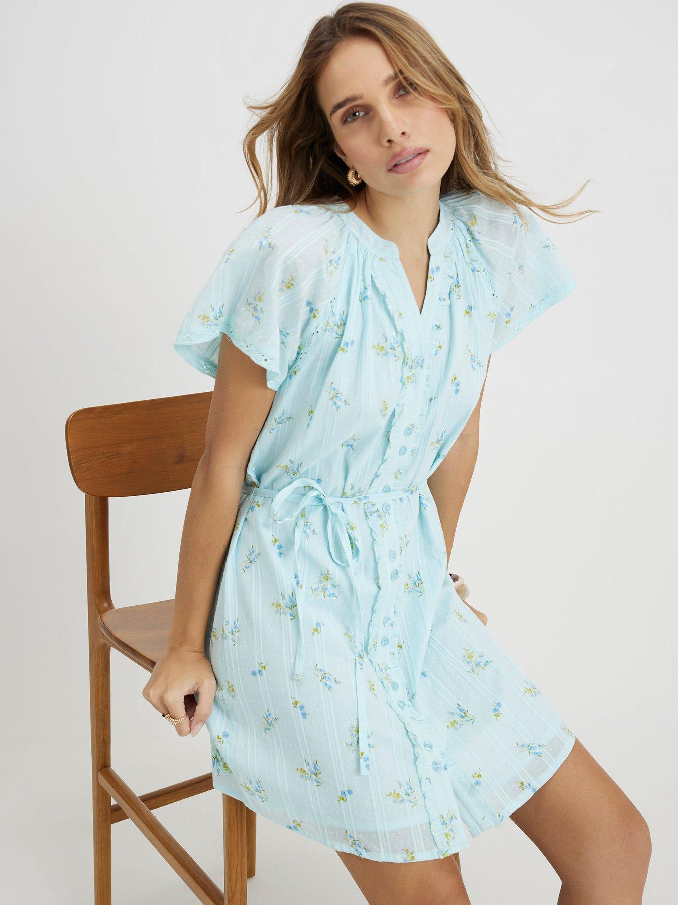River Island Short Sleeve Ditsy V Neck Mini Dress - Blue