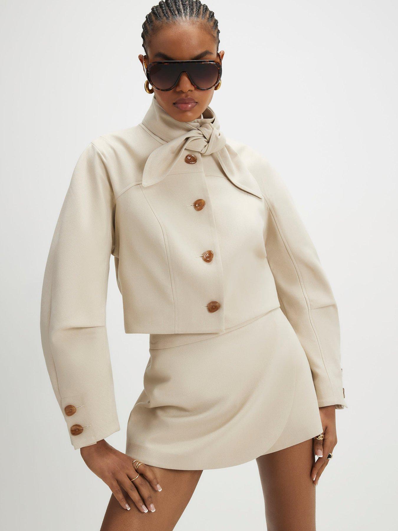 Image 1 of 4 of River Island Herringbone Button Wrap Skort - Cream