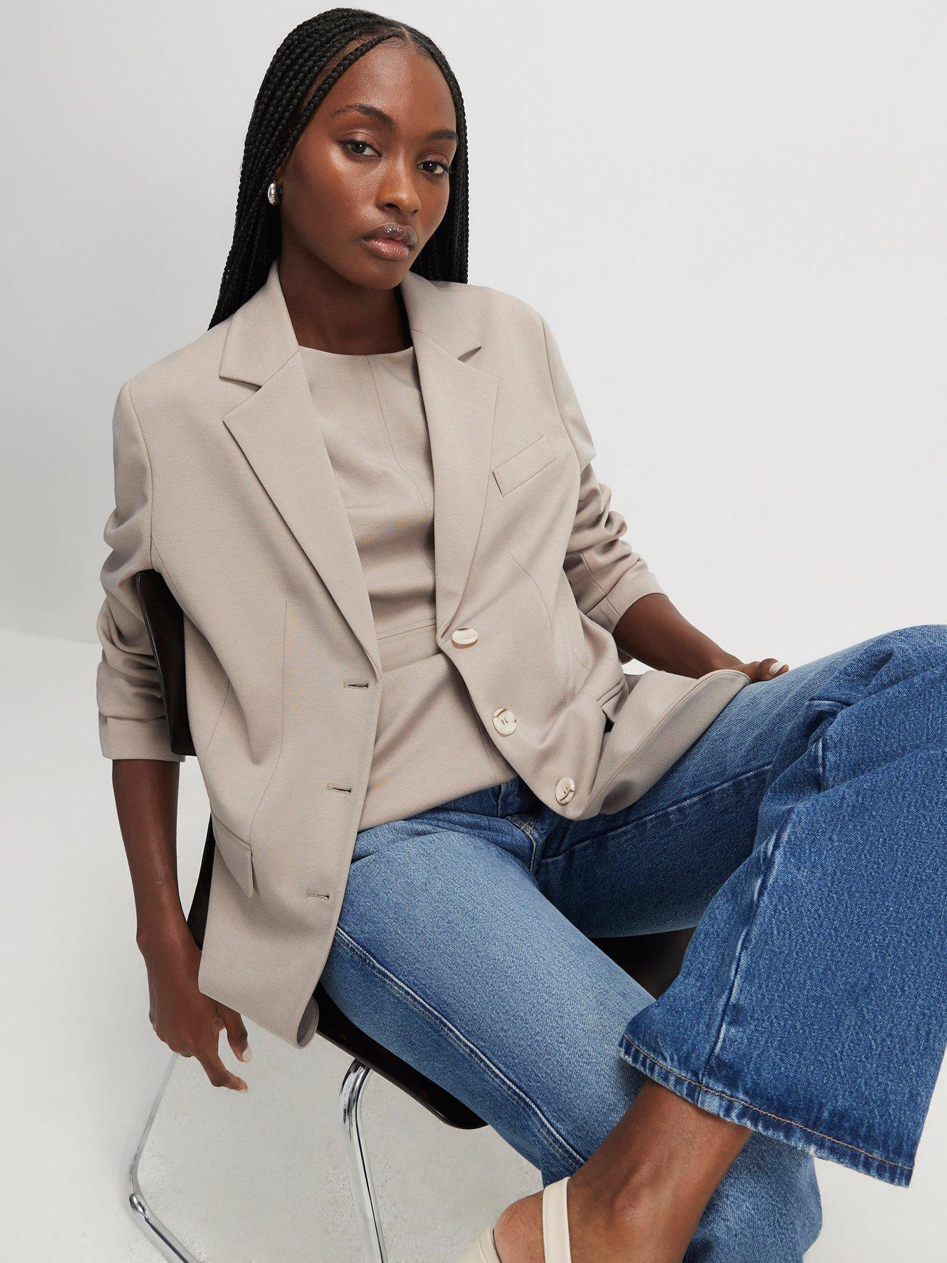 River Island Long Sleeve Oversized Scuba Blazer - Cream