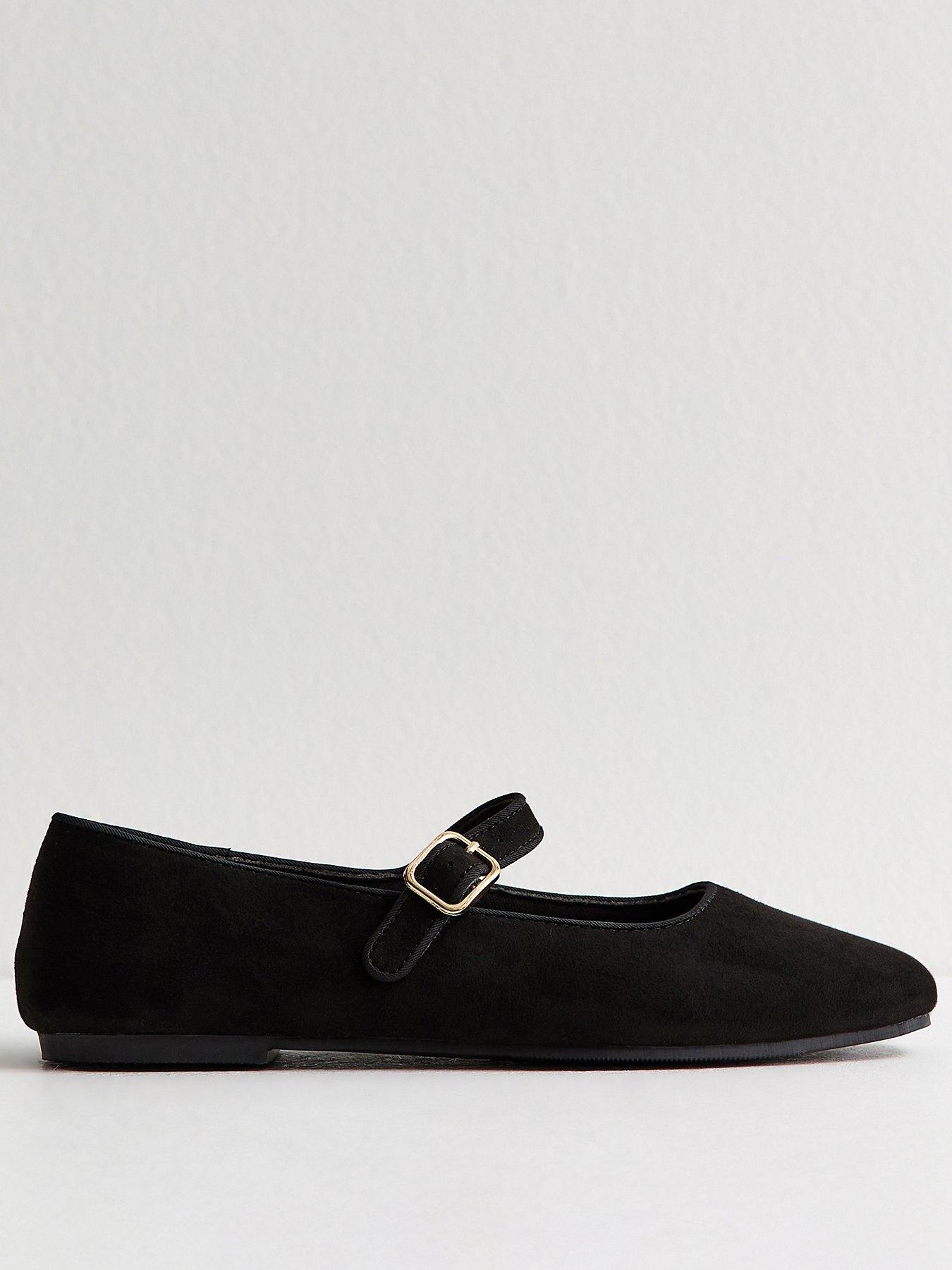 Image 1 of 5 of New Look Faux Suede Mary Jane Ballet Flats - Black