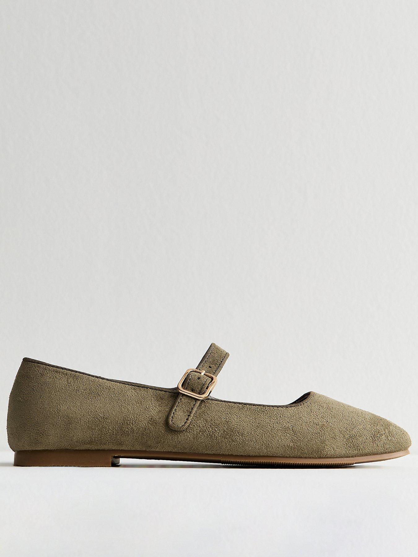 New Look Dark Khaki Faux Suede Mary Jane Ballet Flats - Green