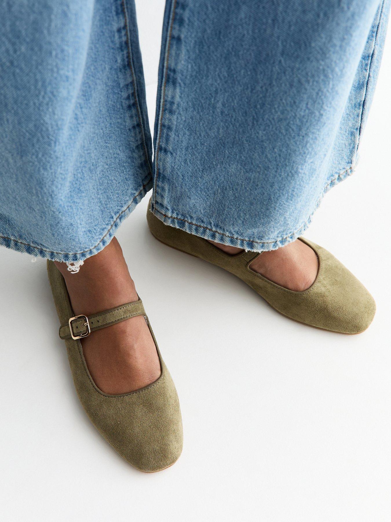 New Look Dark Khaki Faux Suede Mary Jane Ballet Flats | Very