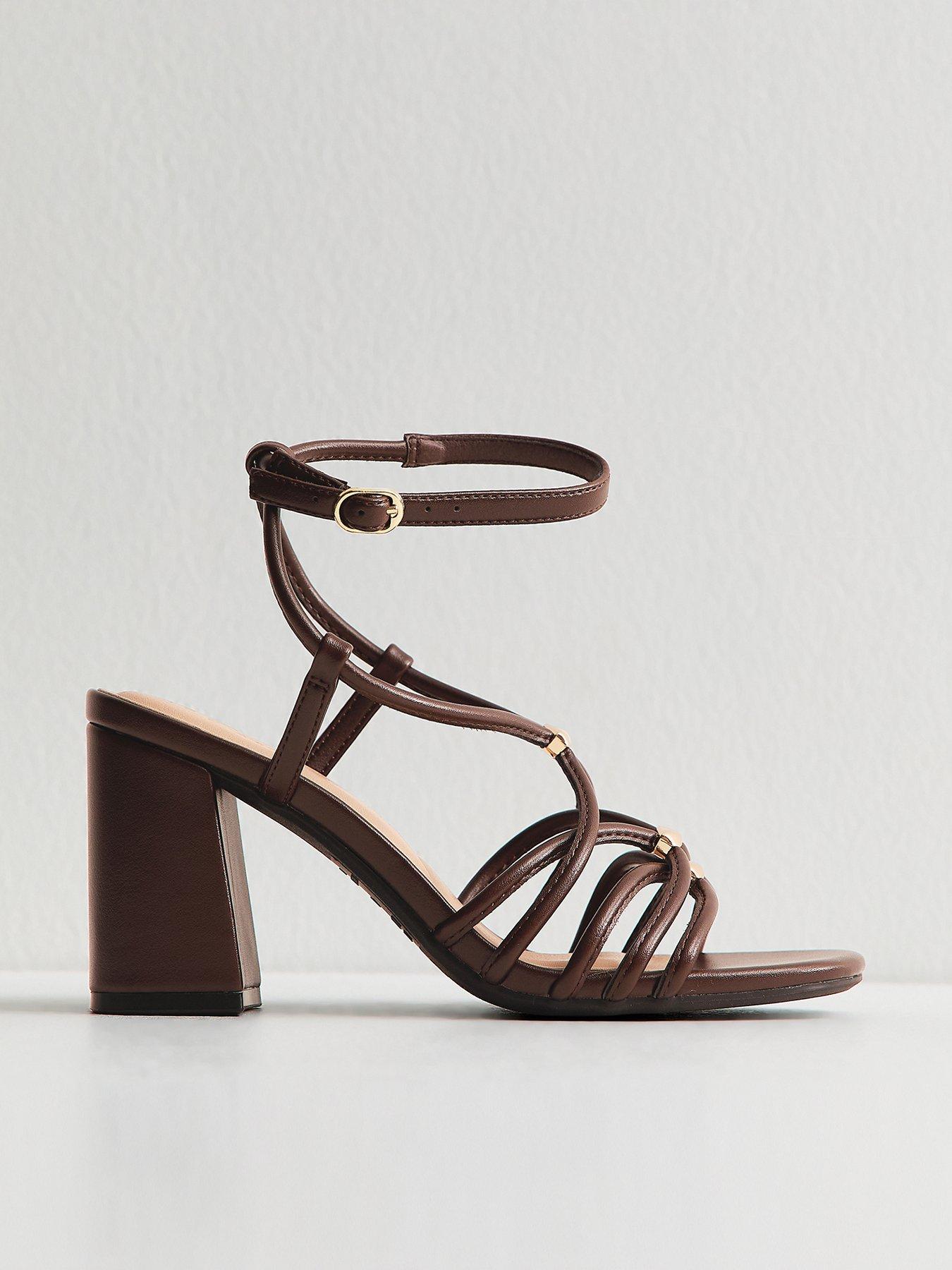 New Look Faux Leather Strappy Hardware Block Heel Sandals - Dark Brown