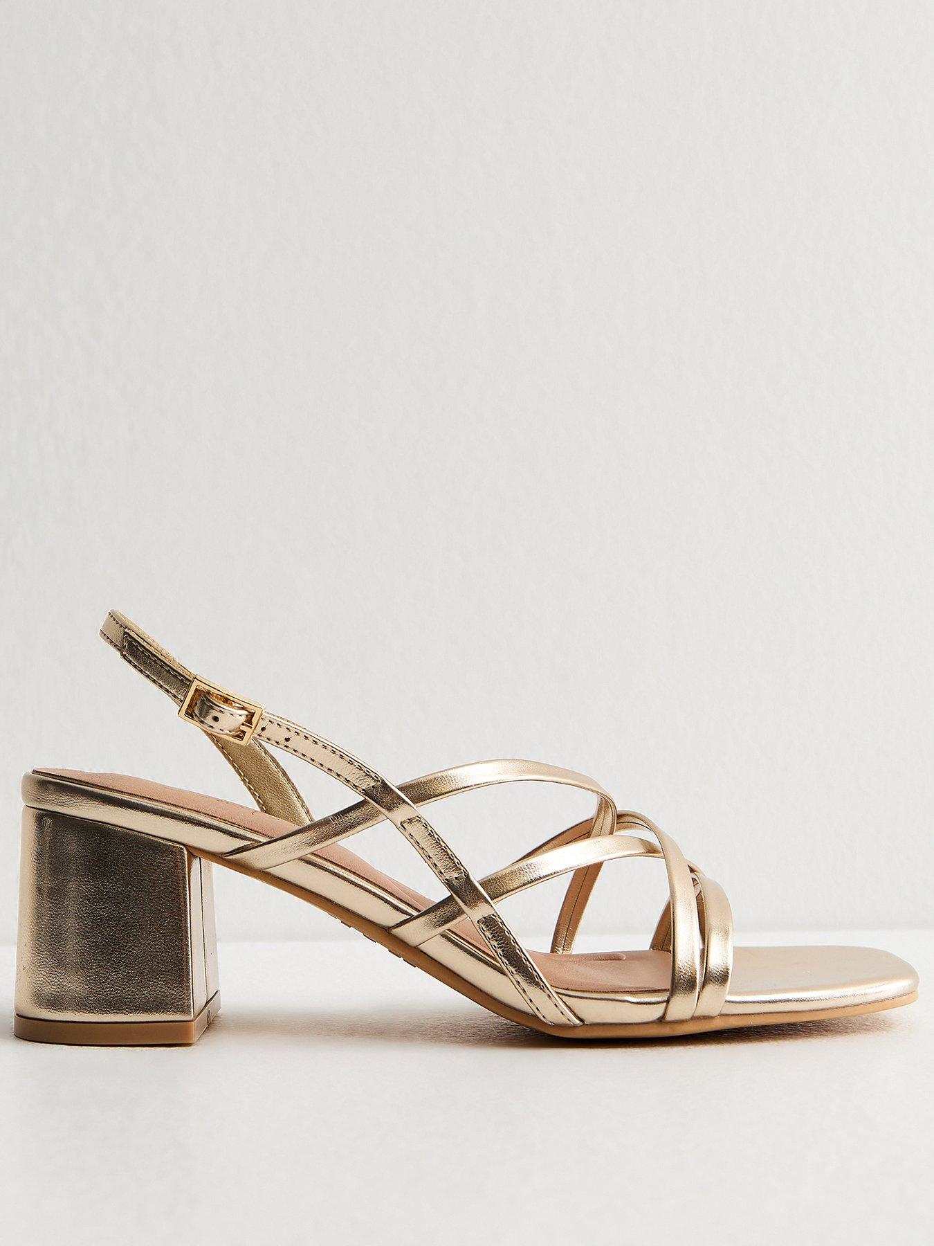 Image 2 of 4 of New Look Faux Leather Multi Strap Block Heel Sandals - Gold