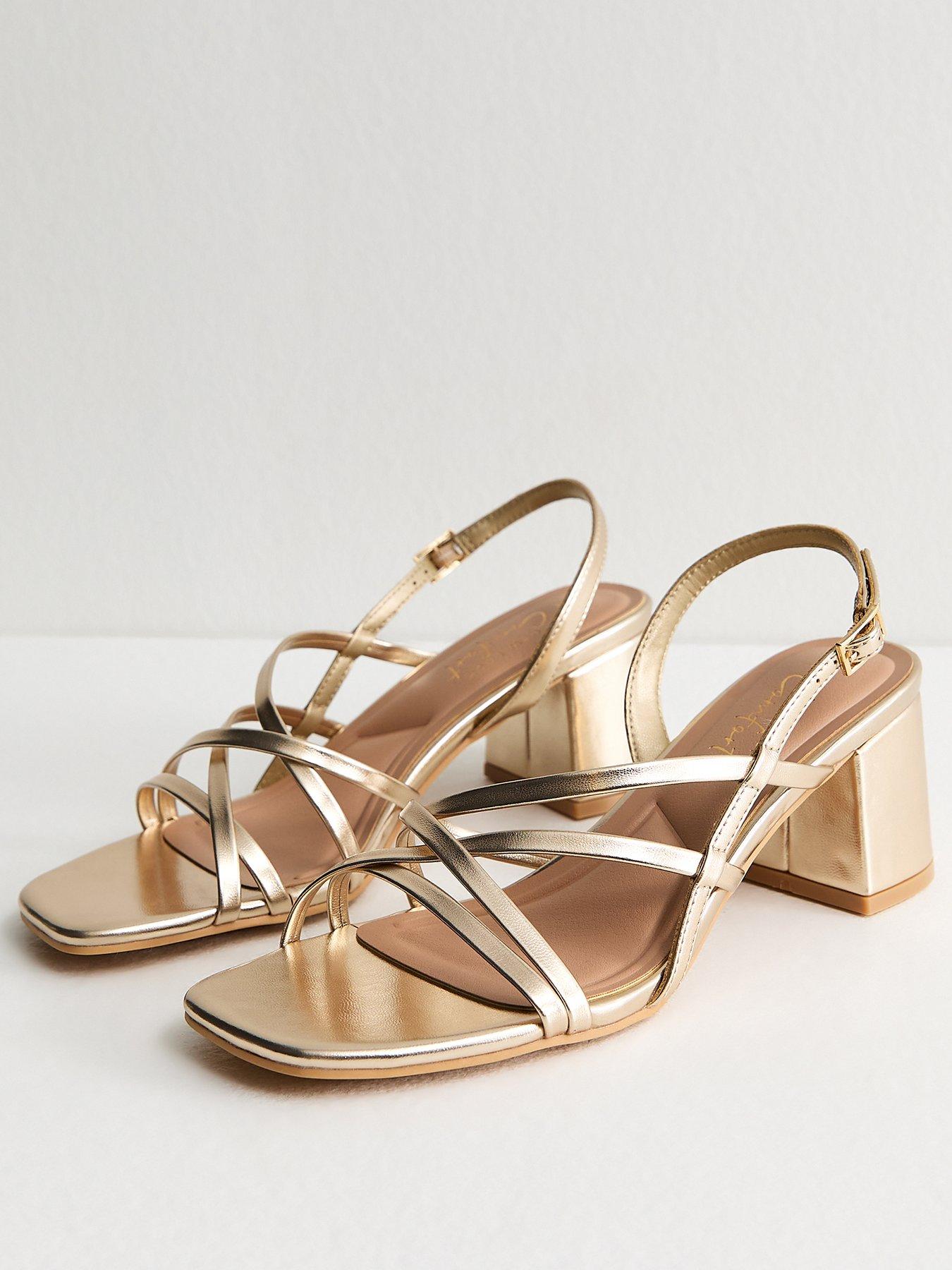 Image 3 of 4 of New Look Faux Leather Multi Strap Block Heel Sandals - Gold