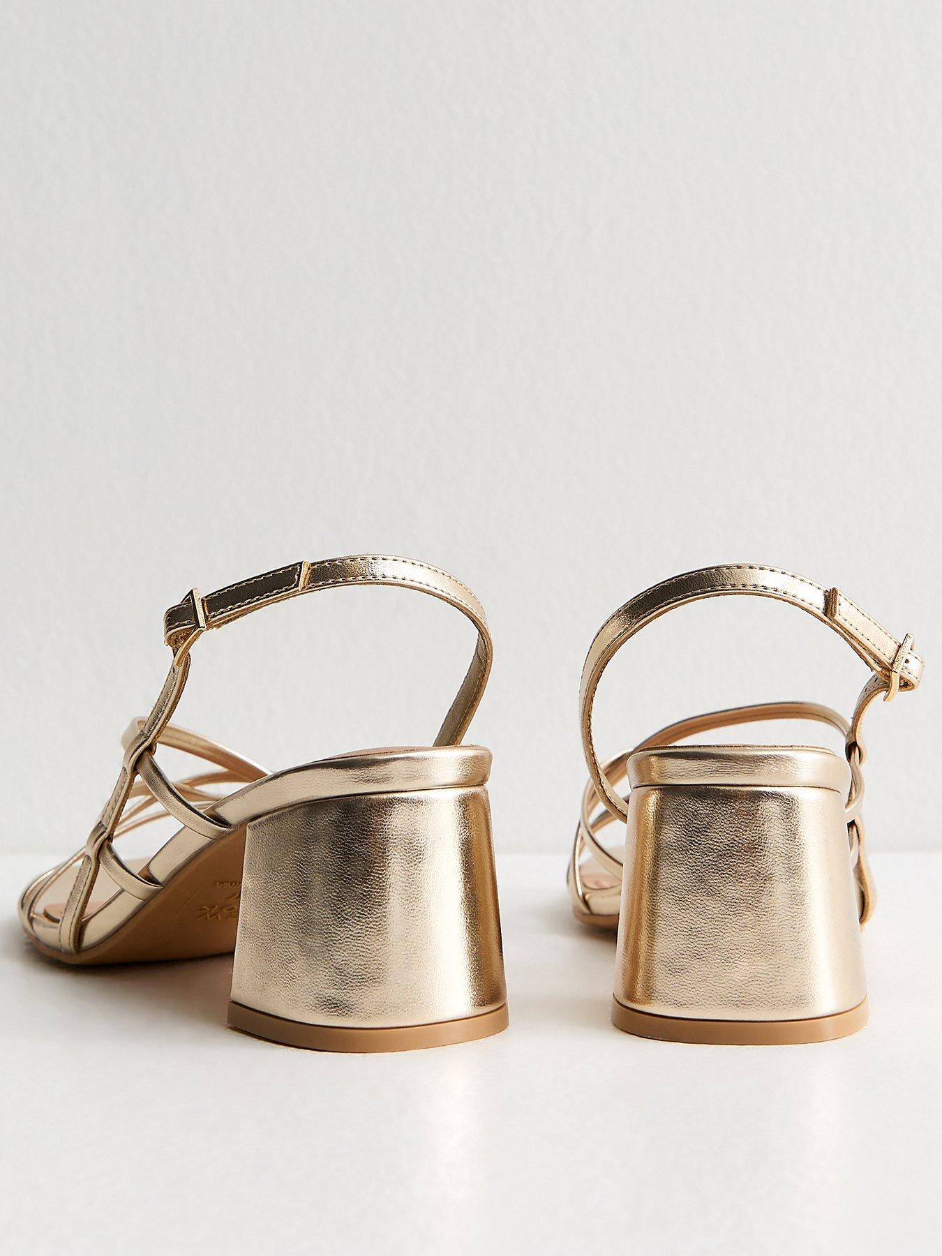 Image 4 of 4 of New Look Faux Leather Multi Strap Block Heel Sandals - Gold