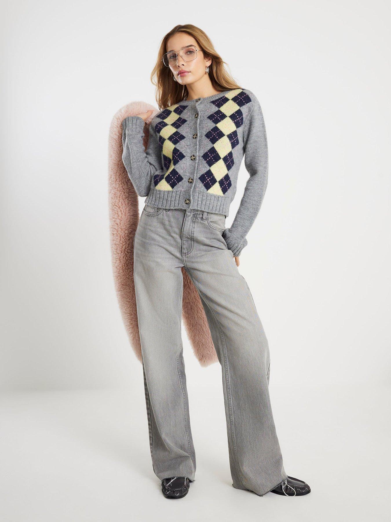 Image 3 of 4 of River Island Long Sleeve Argyle Cardigan - Grey