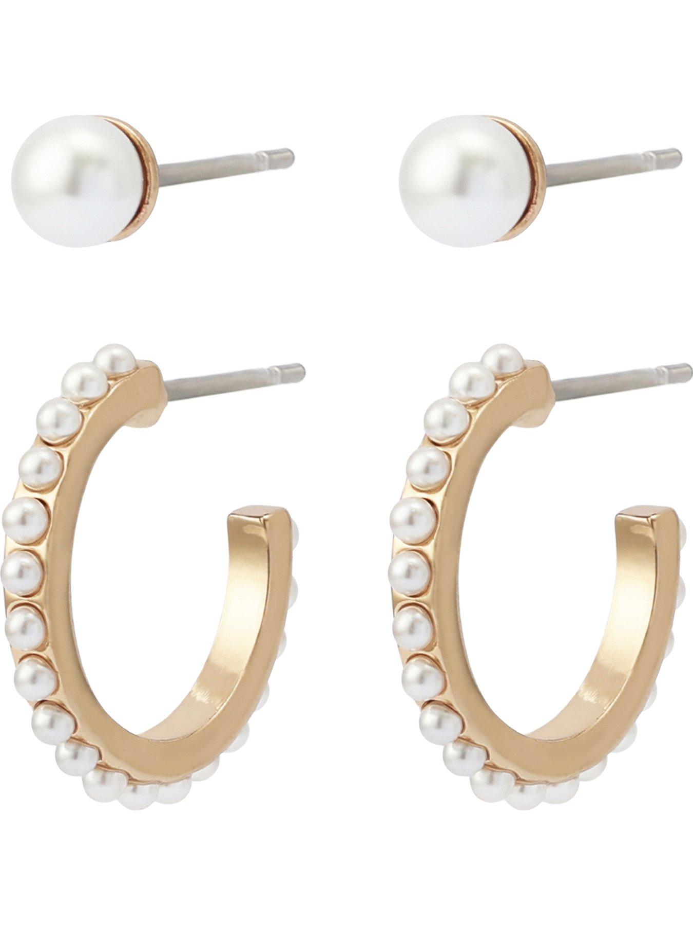 Image 1 of 4 of AllSaints Pearl Stud Huggie Earrings Set - Gold