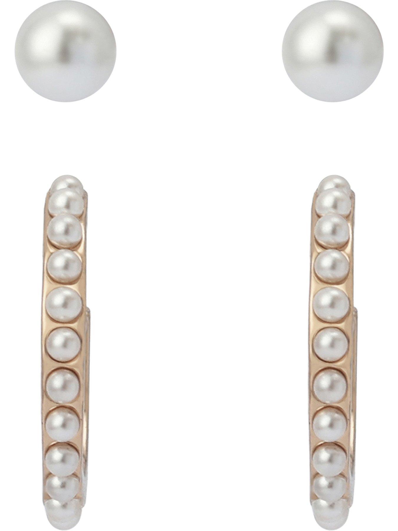 Image 3 of 4 of AllSaints Pearl Stud Huggie Earrings Set - Gold