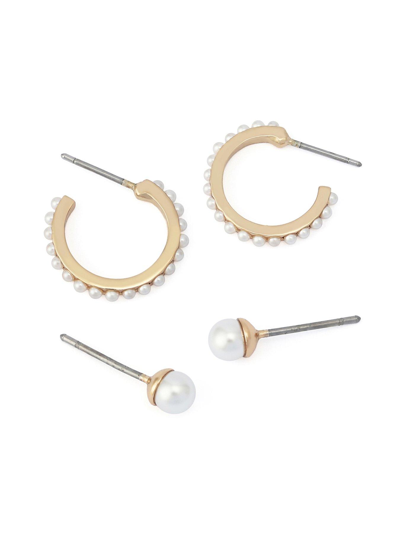 Image 4 of 4 of AllSaints Pearl Stud Huggie Earrings Set - Gold