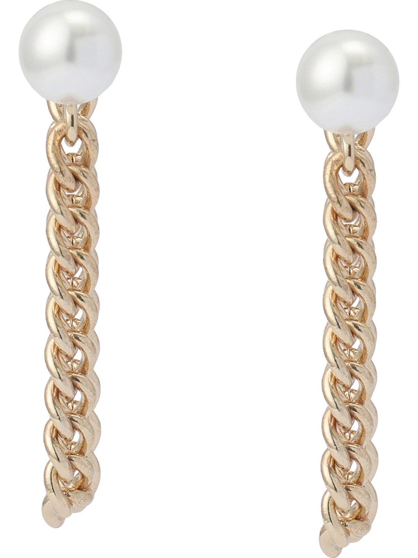 Image 3 of 4 of AllSaints Pearl Chain Front Back Earrings - Gold