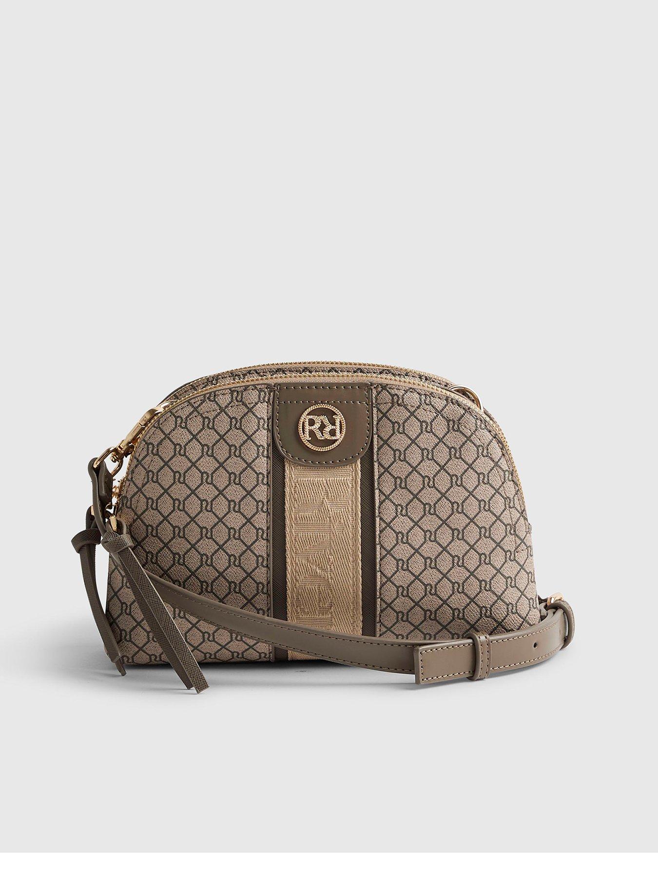 Image 2 of 6 of River Island Curved Top Monogram Crossbody Bag - Beige