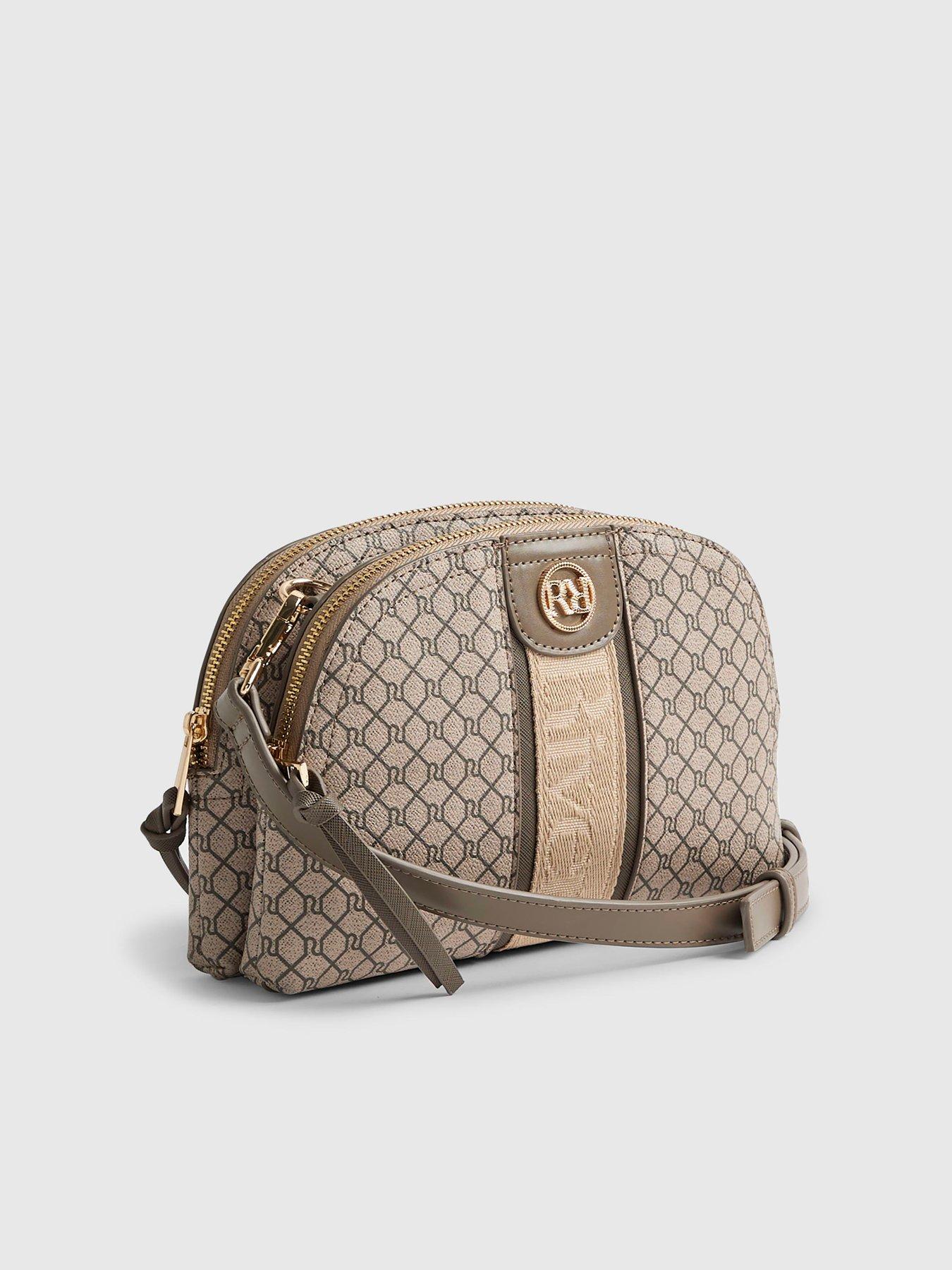Image 3 of 6 of River Island Curved Top Monogram Crossbody Bag - Beige
