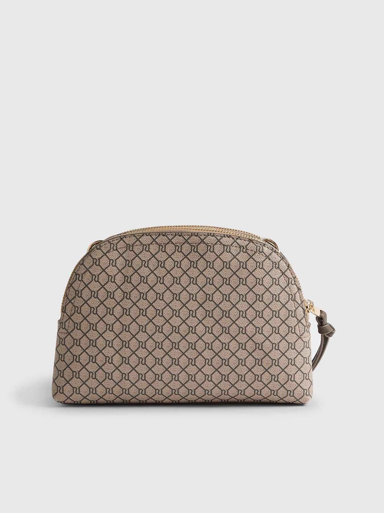 Image 4 of 6 of River Island Curved Top Monogram Crossbody Bag - Beige