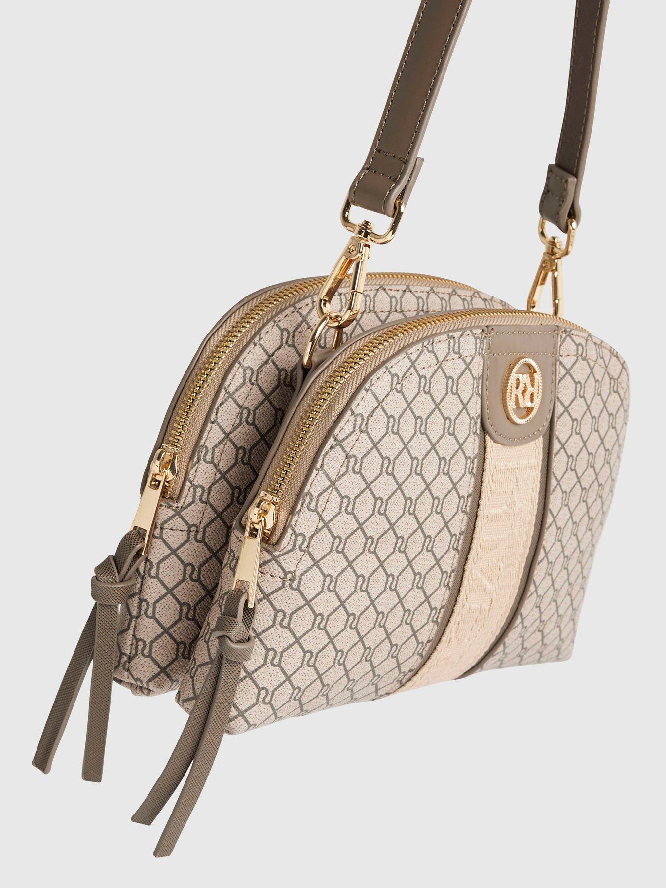 Image 5 of 6 of River Island Curved Top Monogram Crossbody Bag - Beige