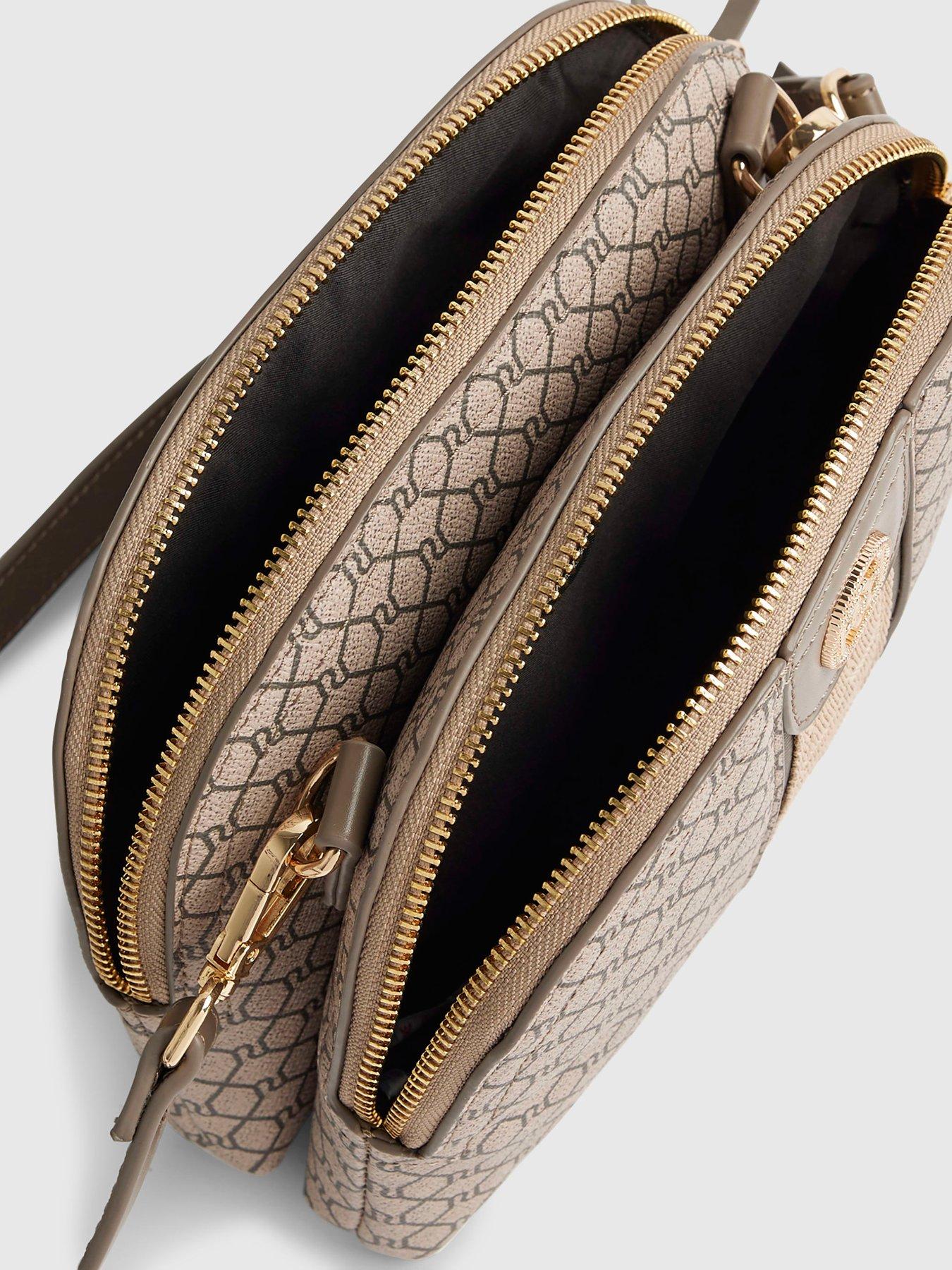 Image 6 of 6 of River Island Curved Top Monogram Crossbody Bag - Beige