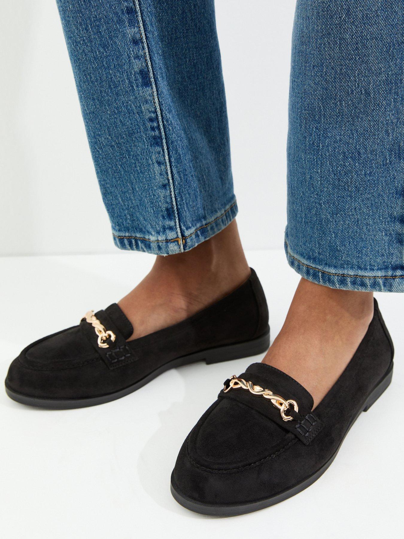 New Look Wide Fit Black Faux Suede Chain Loafers - Black