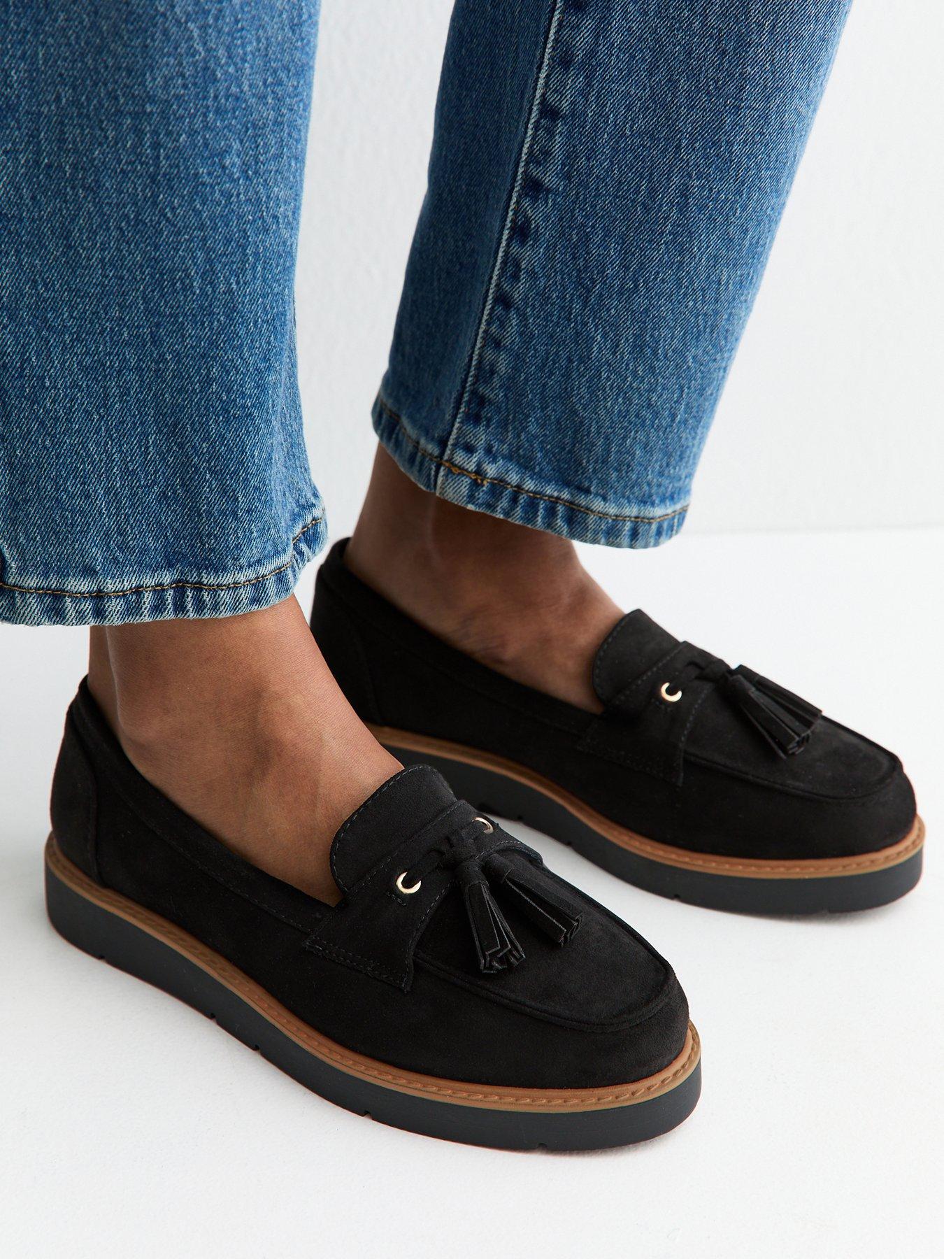 New Look Wide Fit Faux Suede Flatform Loafers- Black