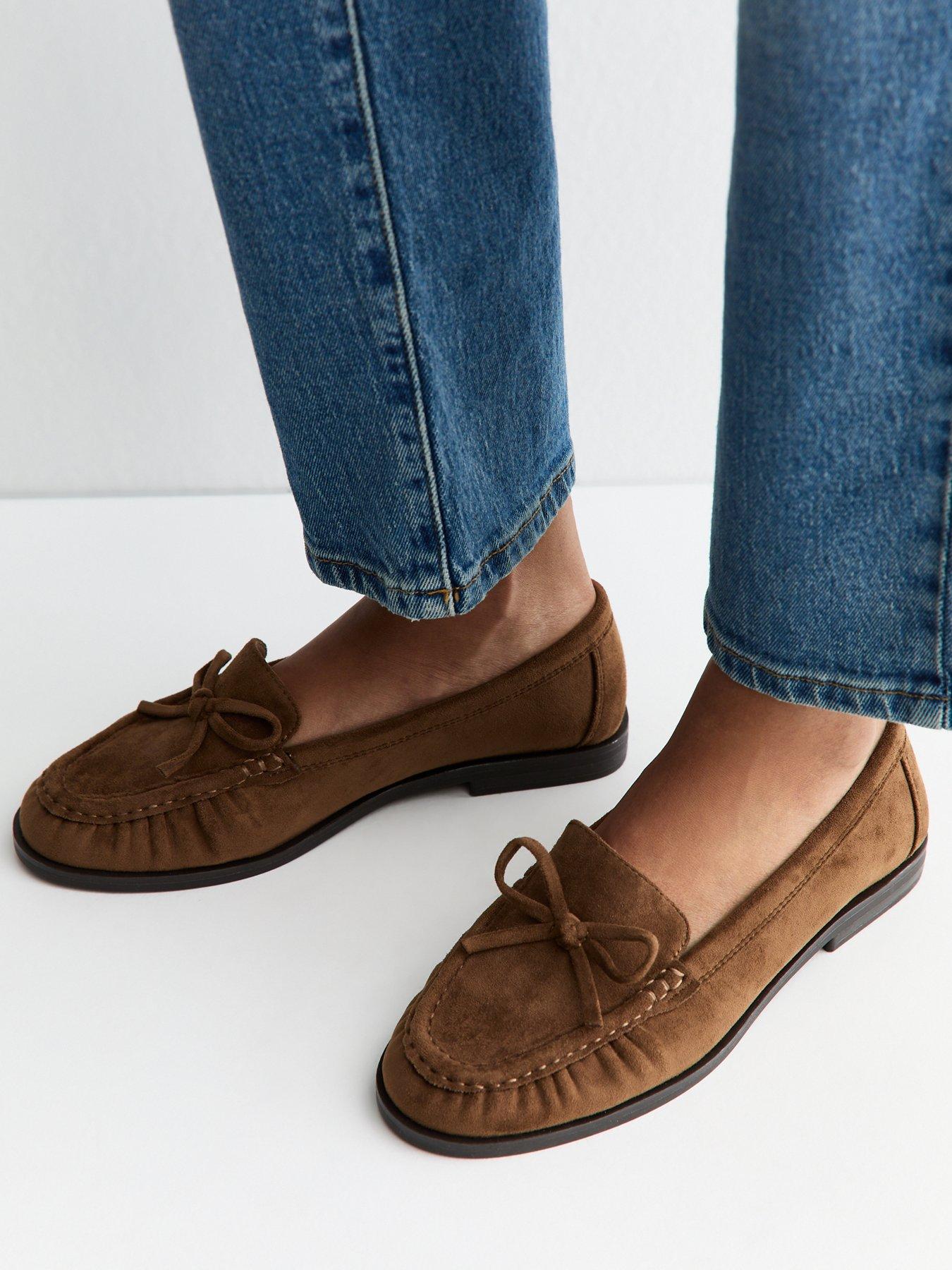 Image 1 of 5 of New Look Faux Suede Bow Flat Loafers - Tan