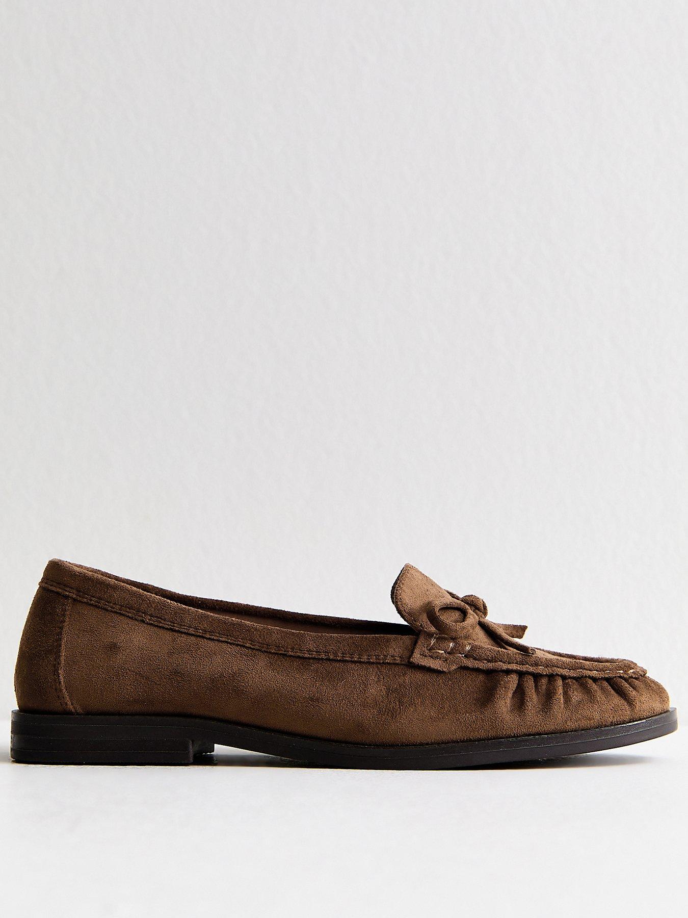 Image 2 of 5 of New Look Faux Suede Bow Flat Loafers - Tan