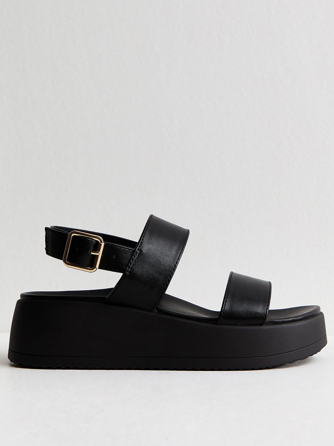 New Look Wide Fit Faux Leather Flatform Sandals - Black | Very
