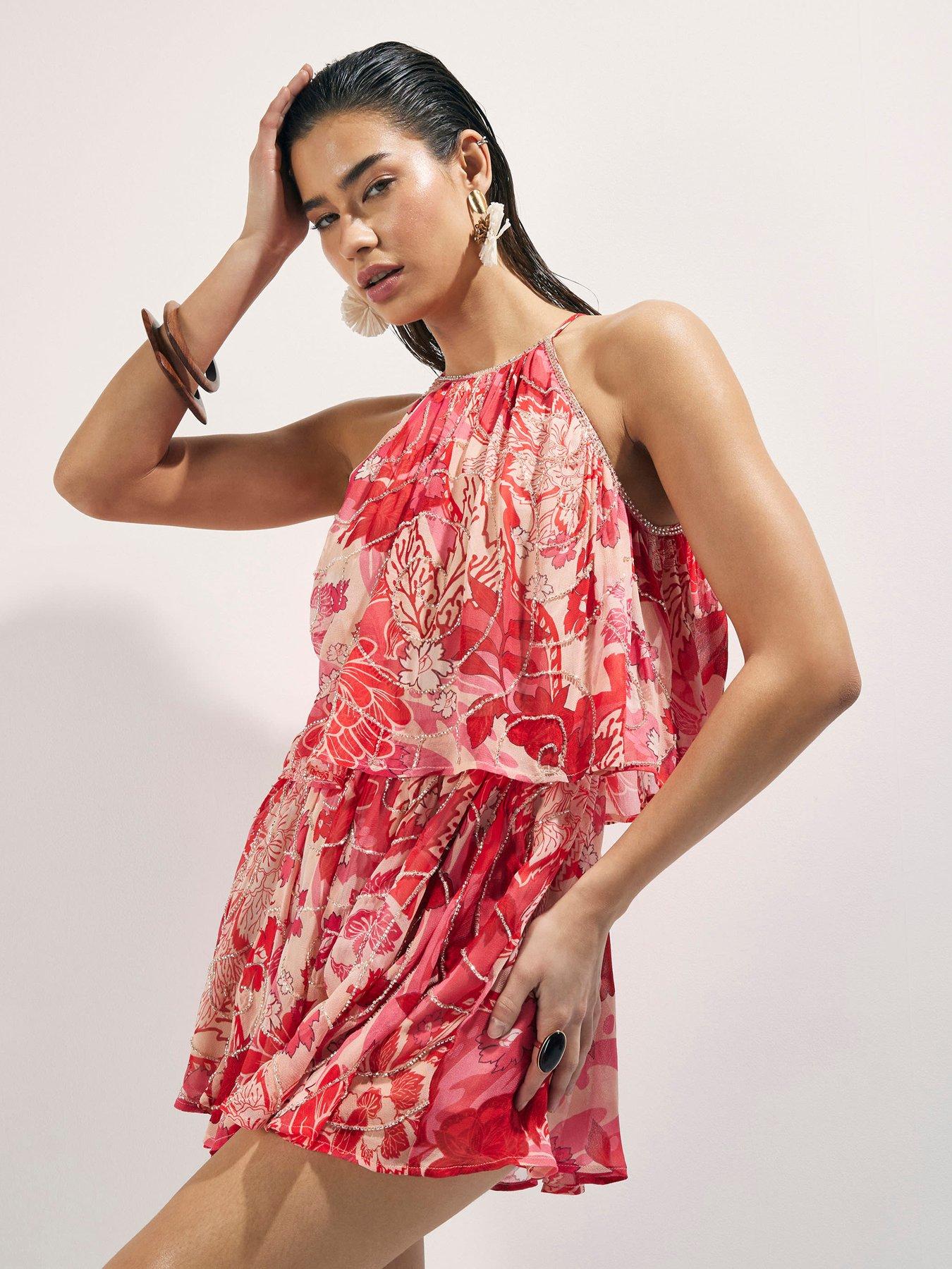 River Island Printed Embellished Playsuit - Red