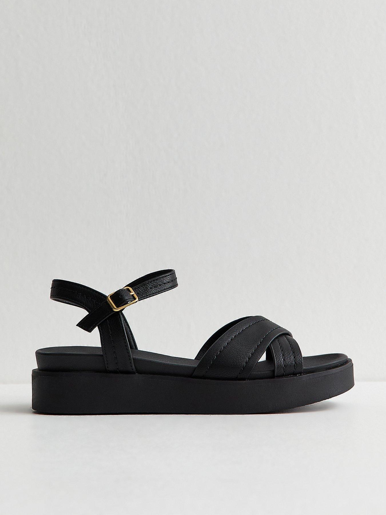 New Look Black Faux Leather Cross Over Flatform Sandals
