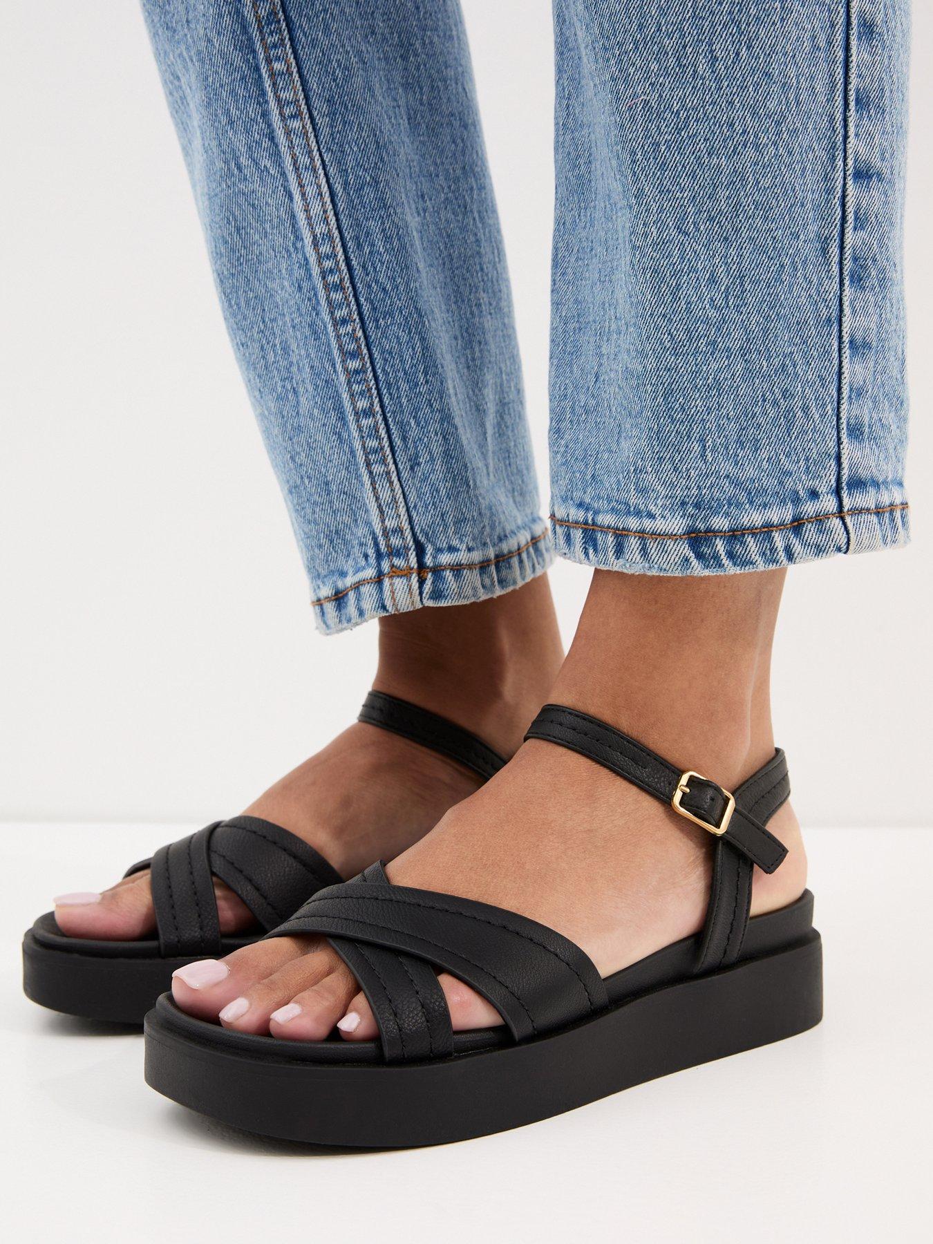 New Look Faux Leather Cross Over Flatform Sandals - Black | Very
