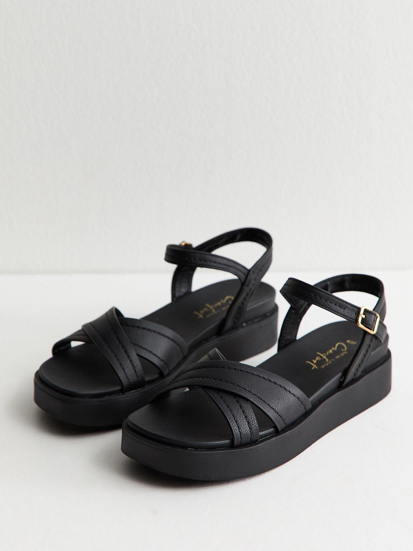 New Look Faux Leather Cross Over Flatform Sandals - Black | Very