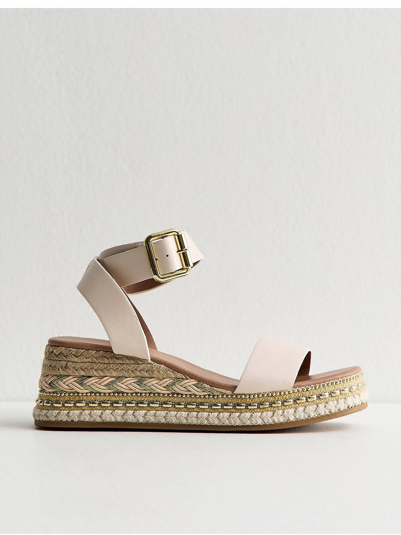 New Look Off White Faux Leather Embroidered Wedge Sandals