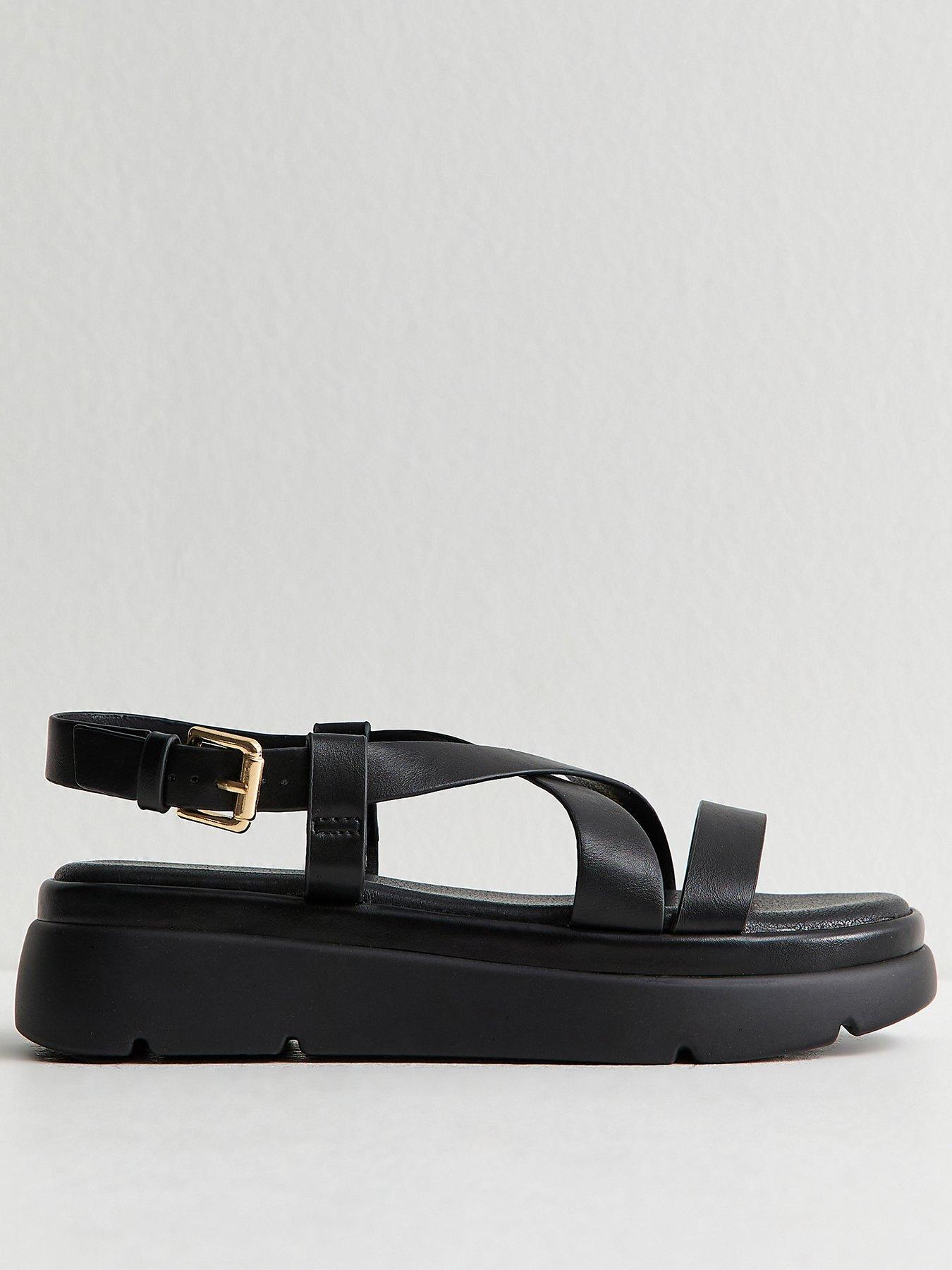 New Look: Faux Leather Crossover Strap Flatform Sandals - Black