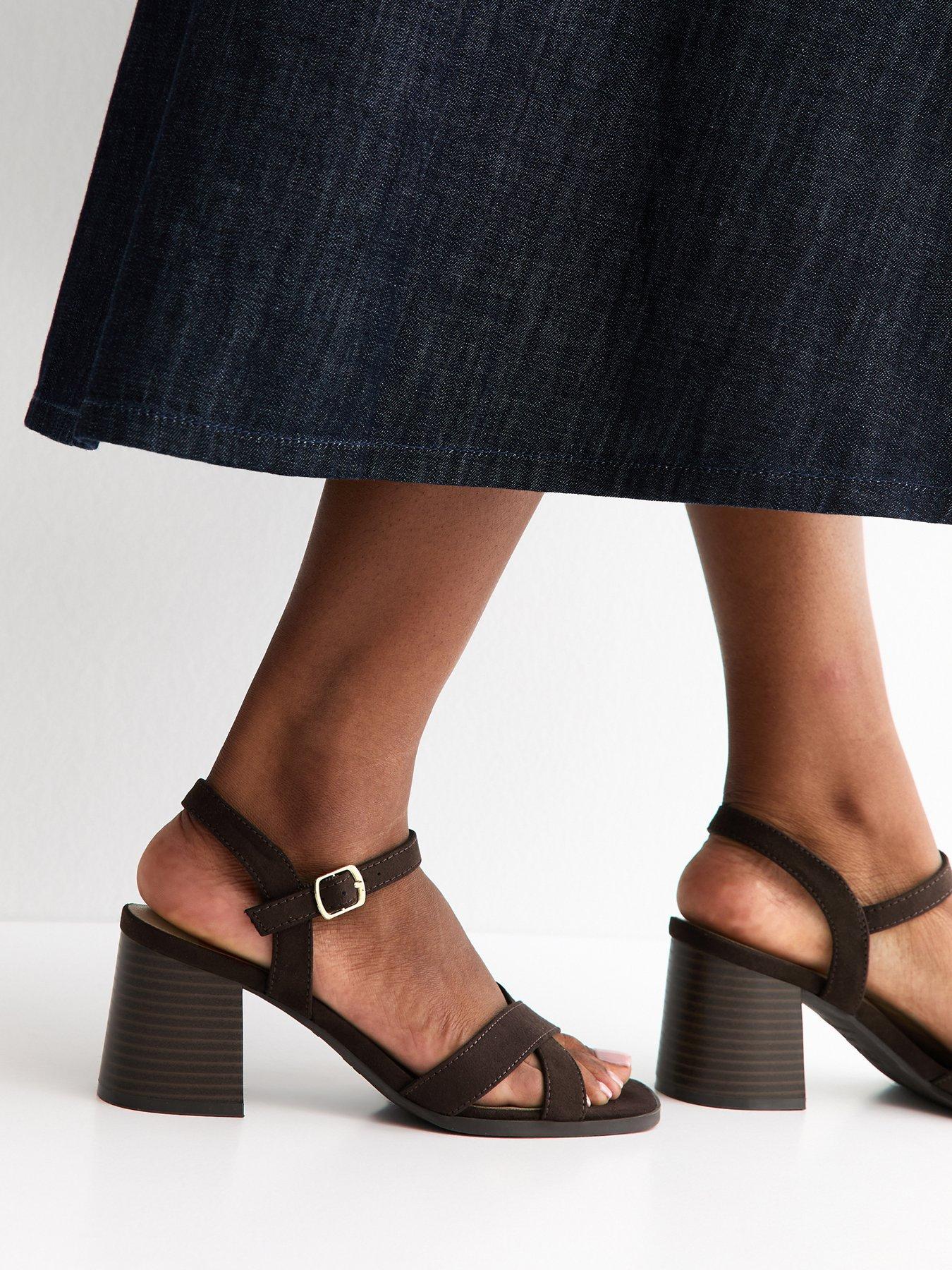 Image 1 of 5 of New Look Faux Suede Crossover Strap Sandals - Dark Brown