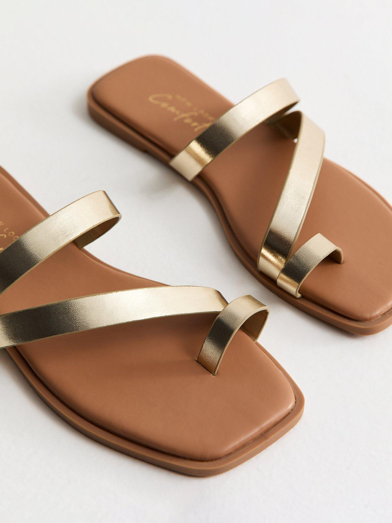 Image 5 of 5 of New Look Faux Leather Multi Strap Toe Post Sandals - Gold